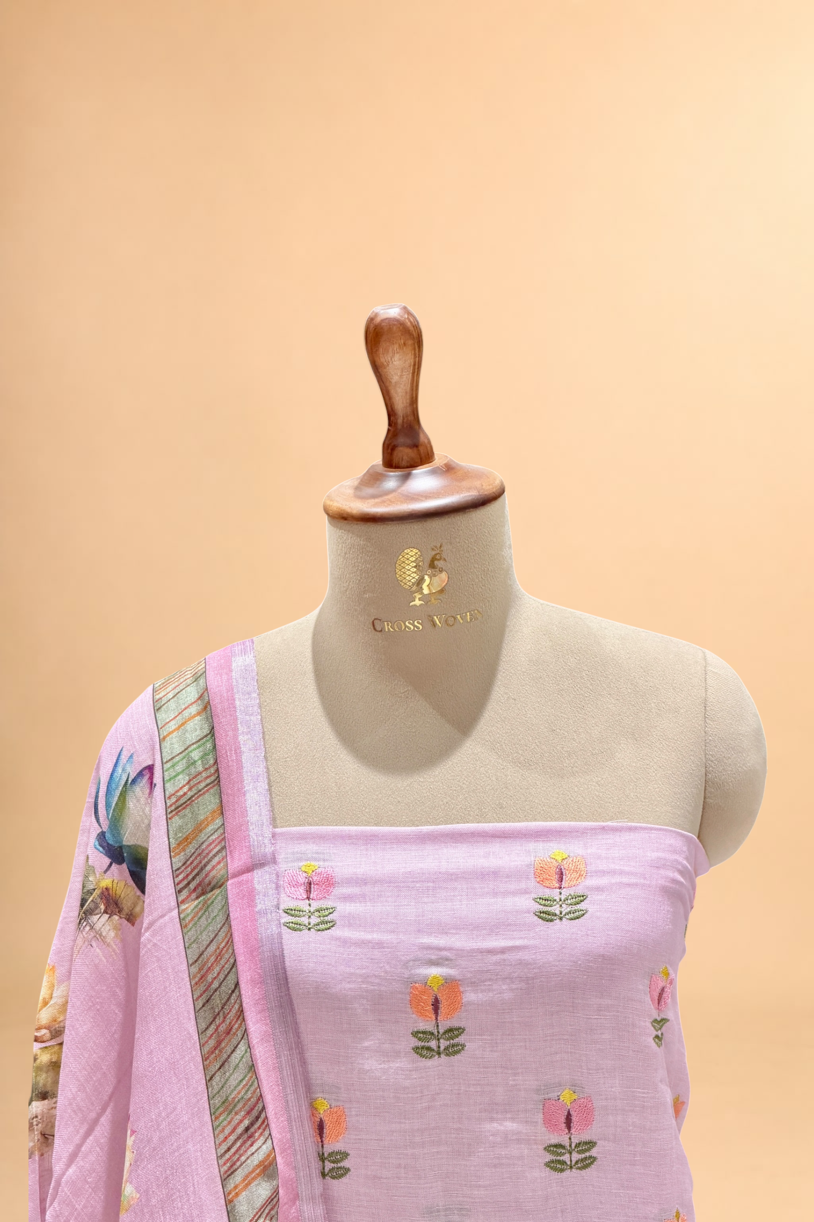Pastel Pink Linen Suit Set with Floral Embroidery & Printed Dupatta