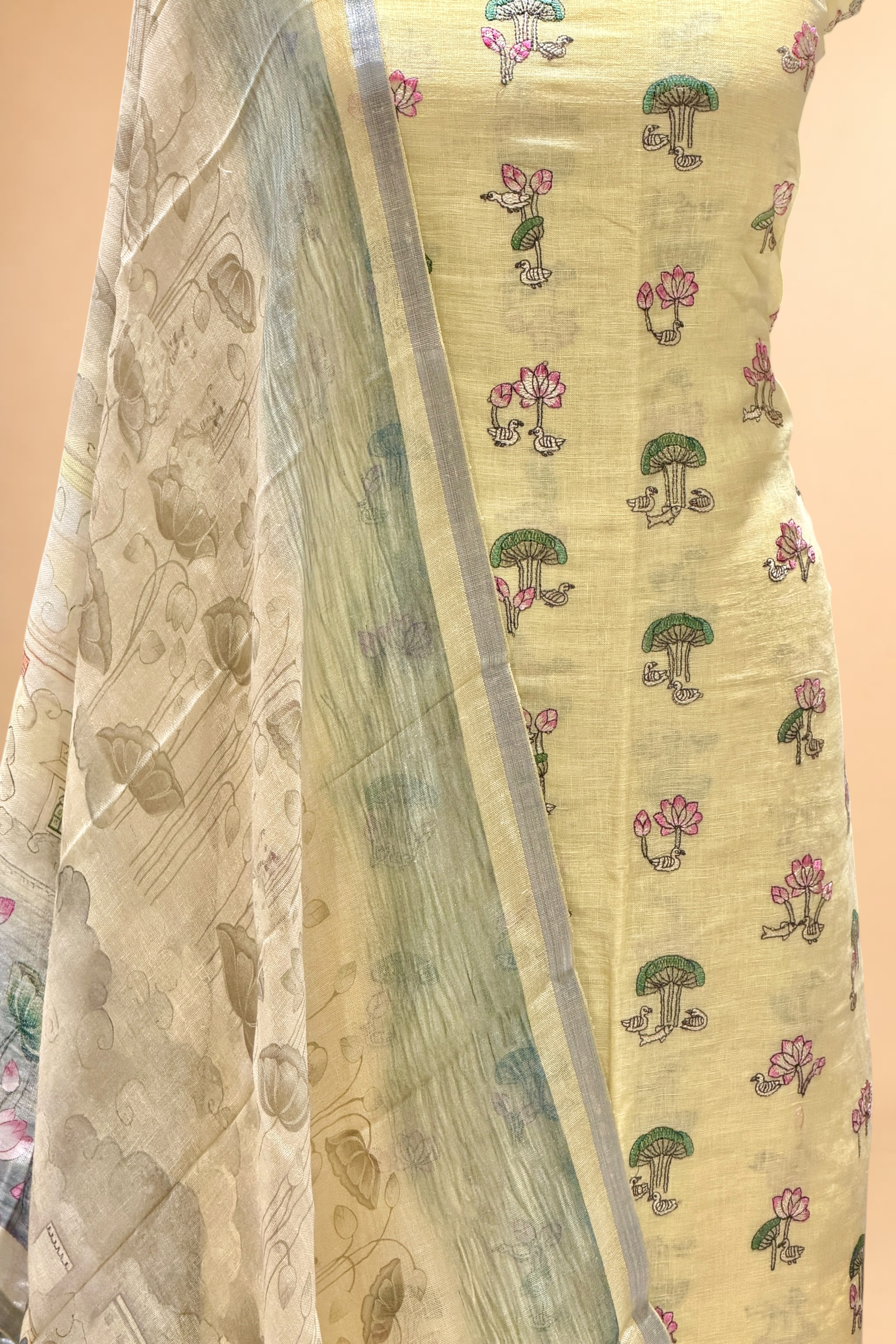 Pastel Yellow Suit Set with Embroidered Top & Printed Dupatta