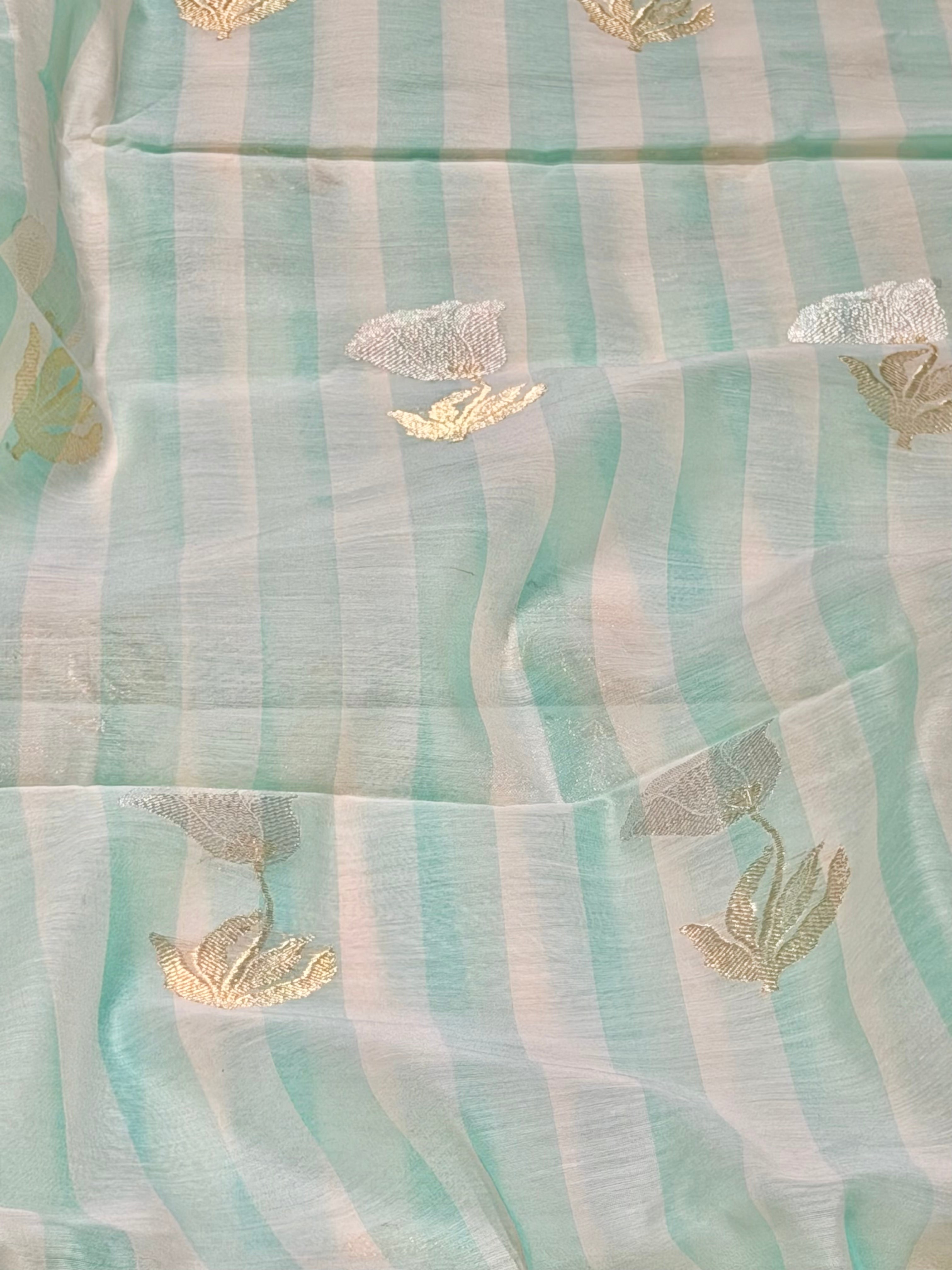 Aqua Green Premium Cotton Fabric With Floral Motifs