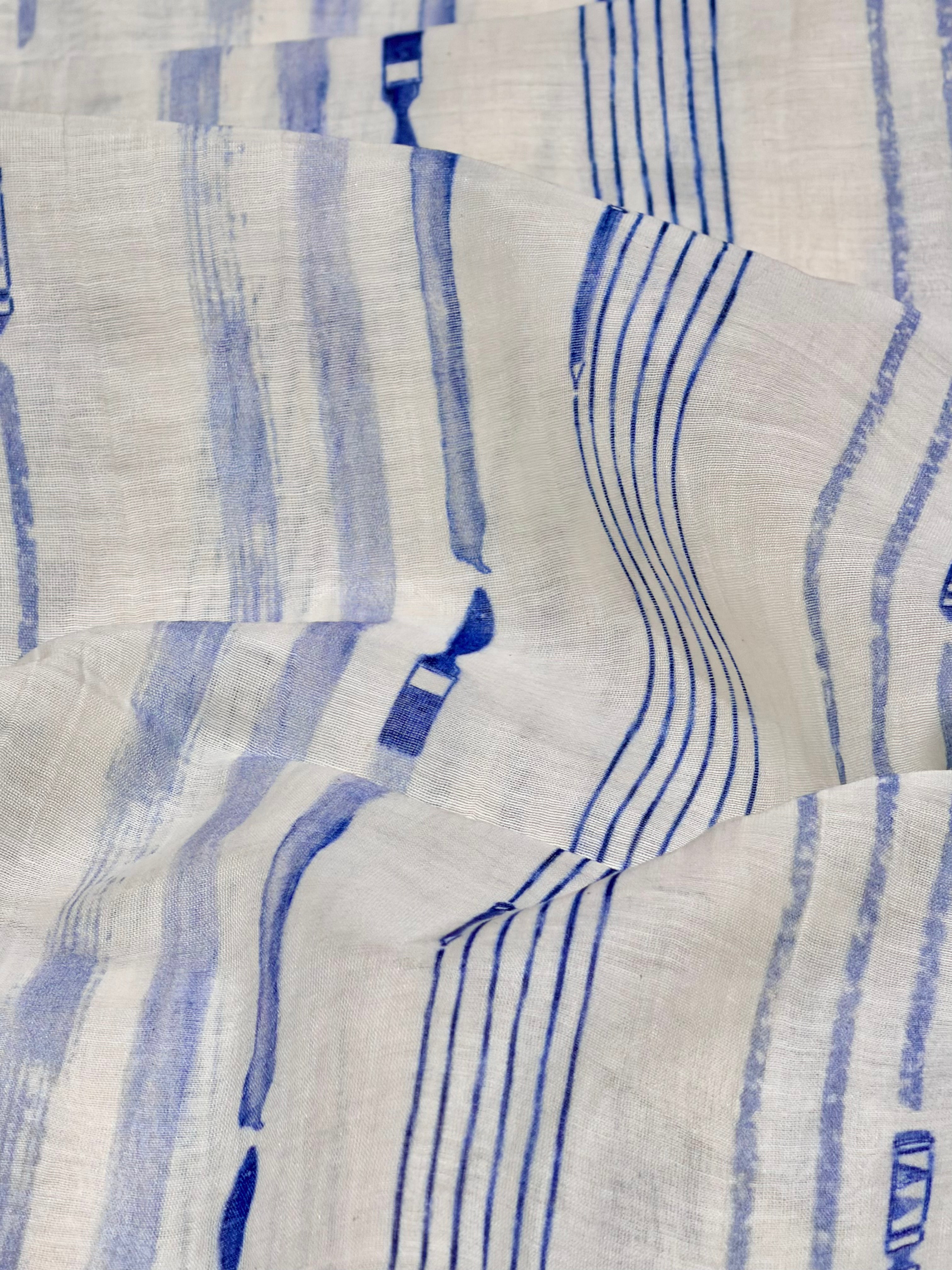 Blue Vertical Print Mul Cotton Fabric
