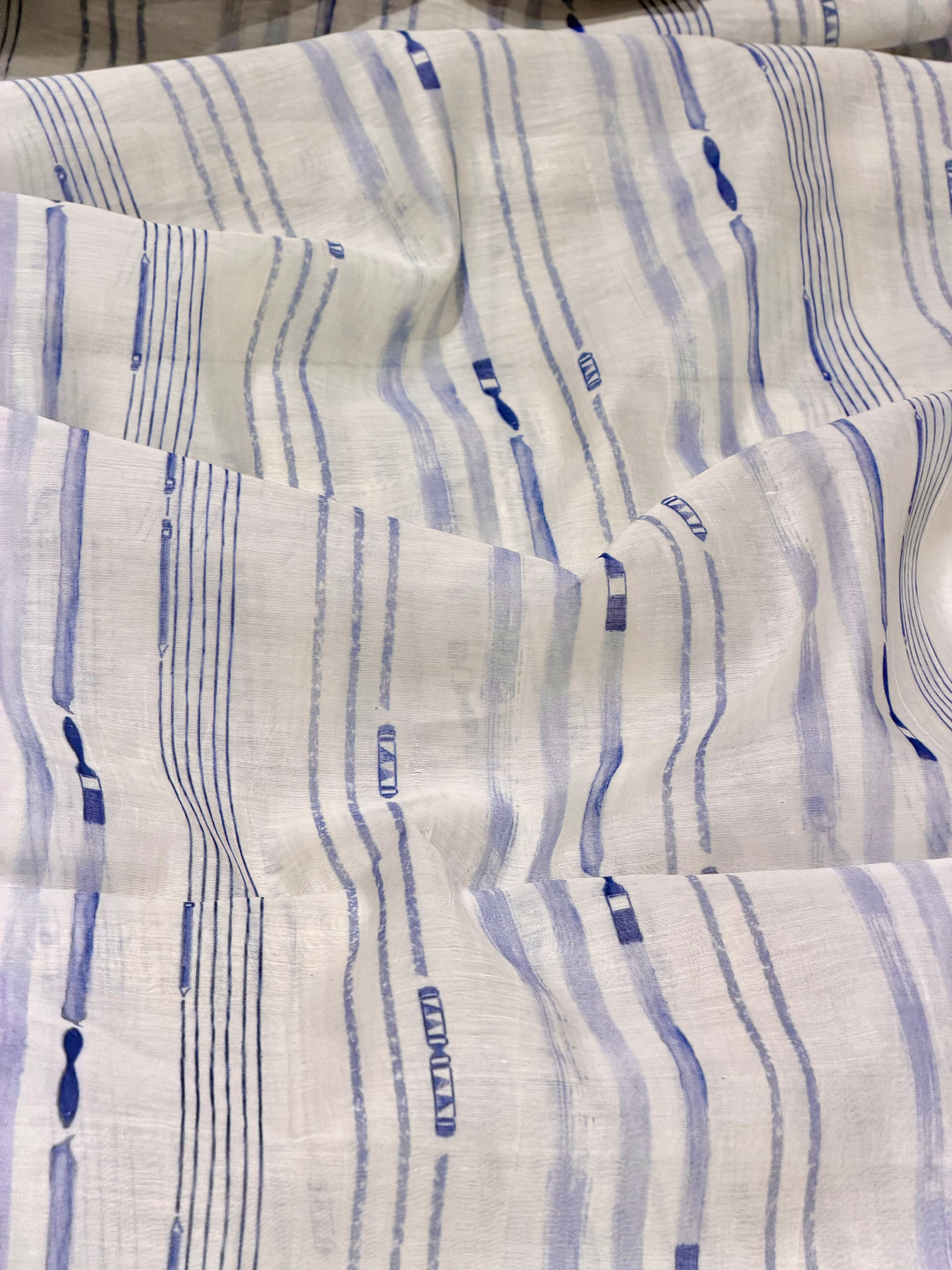 Blue Vertical Print Mul Cotton Fabric