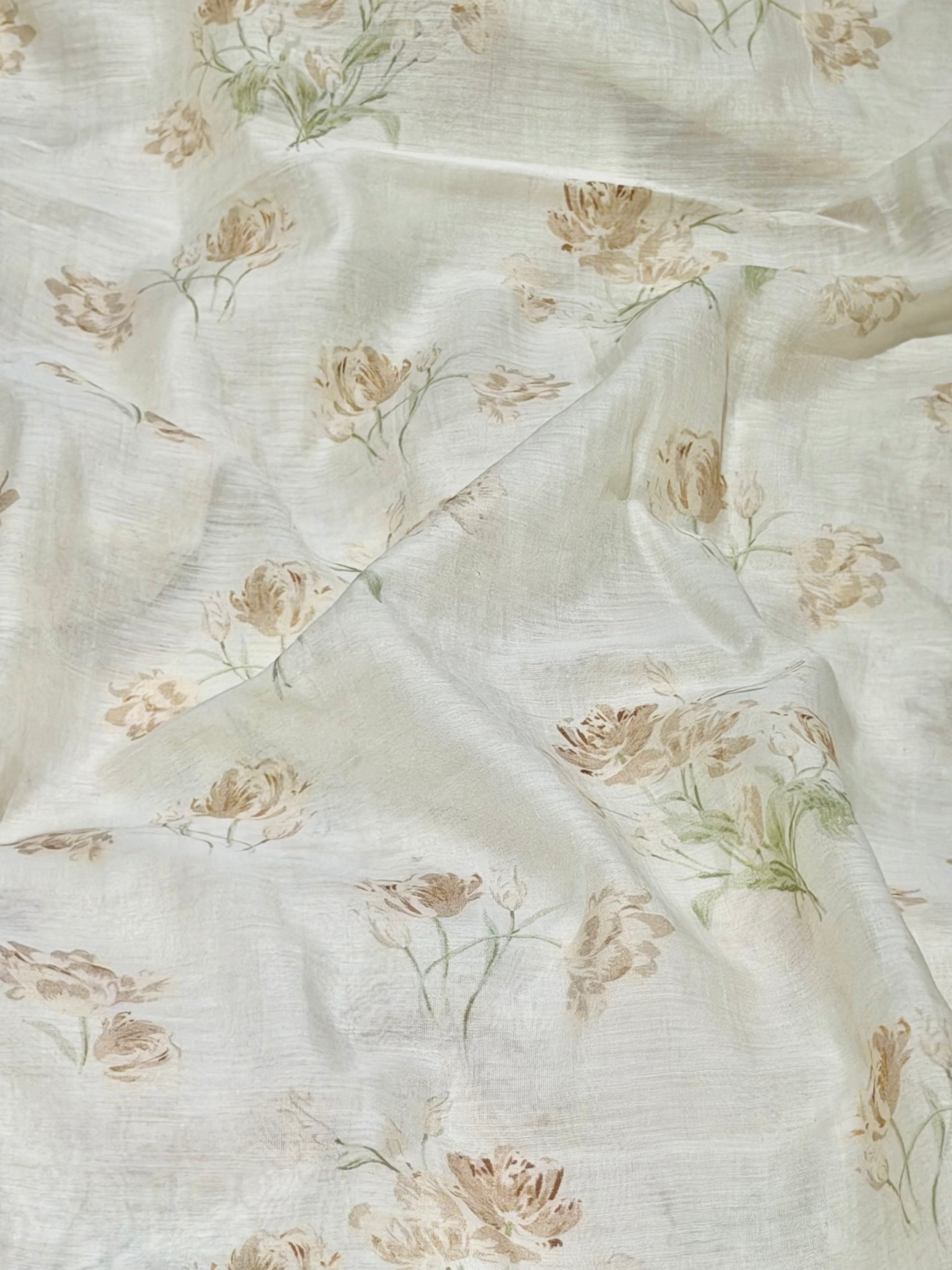Brown Floral Printed Mul Cotton Fabric