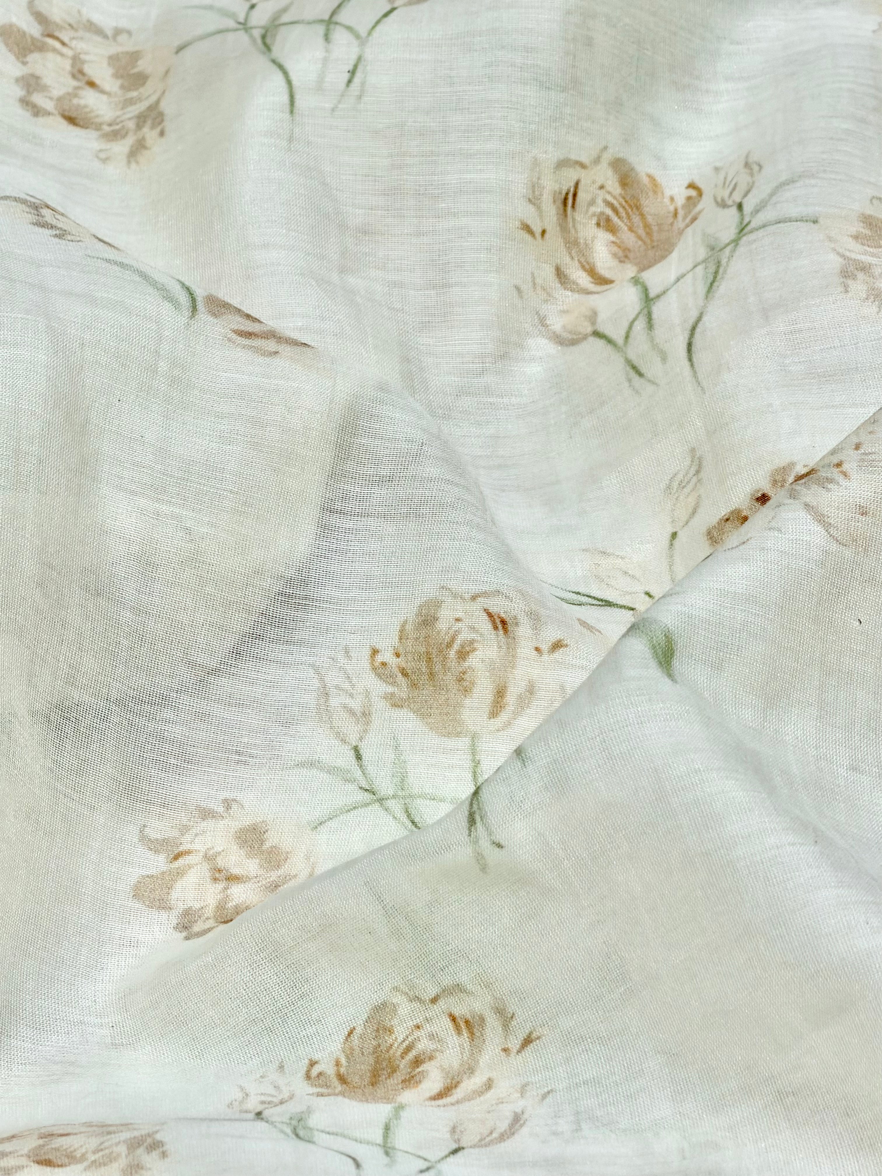 Brown Floral Printed Mul Cotton Fabric