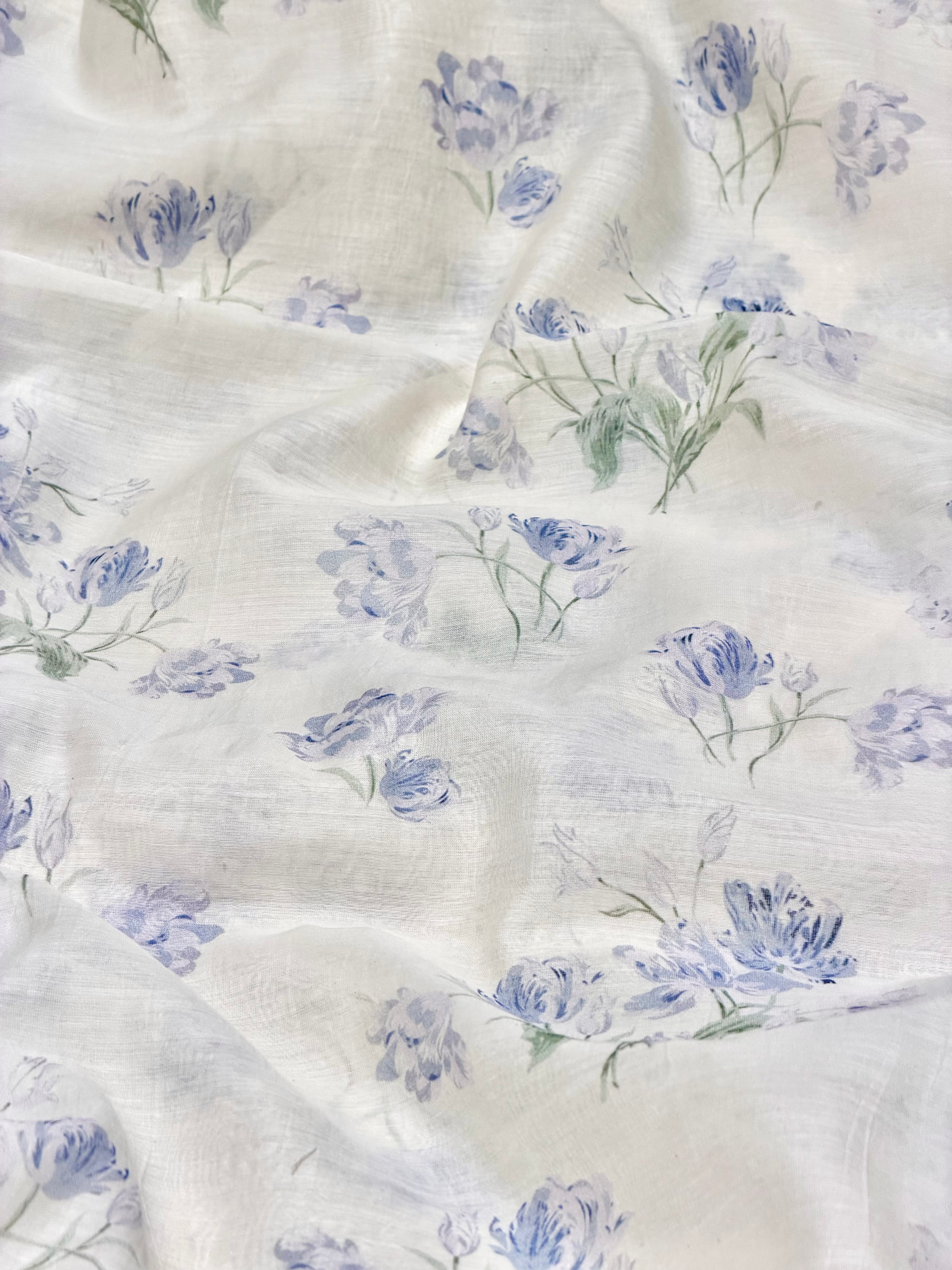 Blue Floral Printed Mul Cotton Fabric