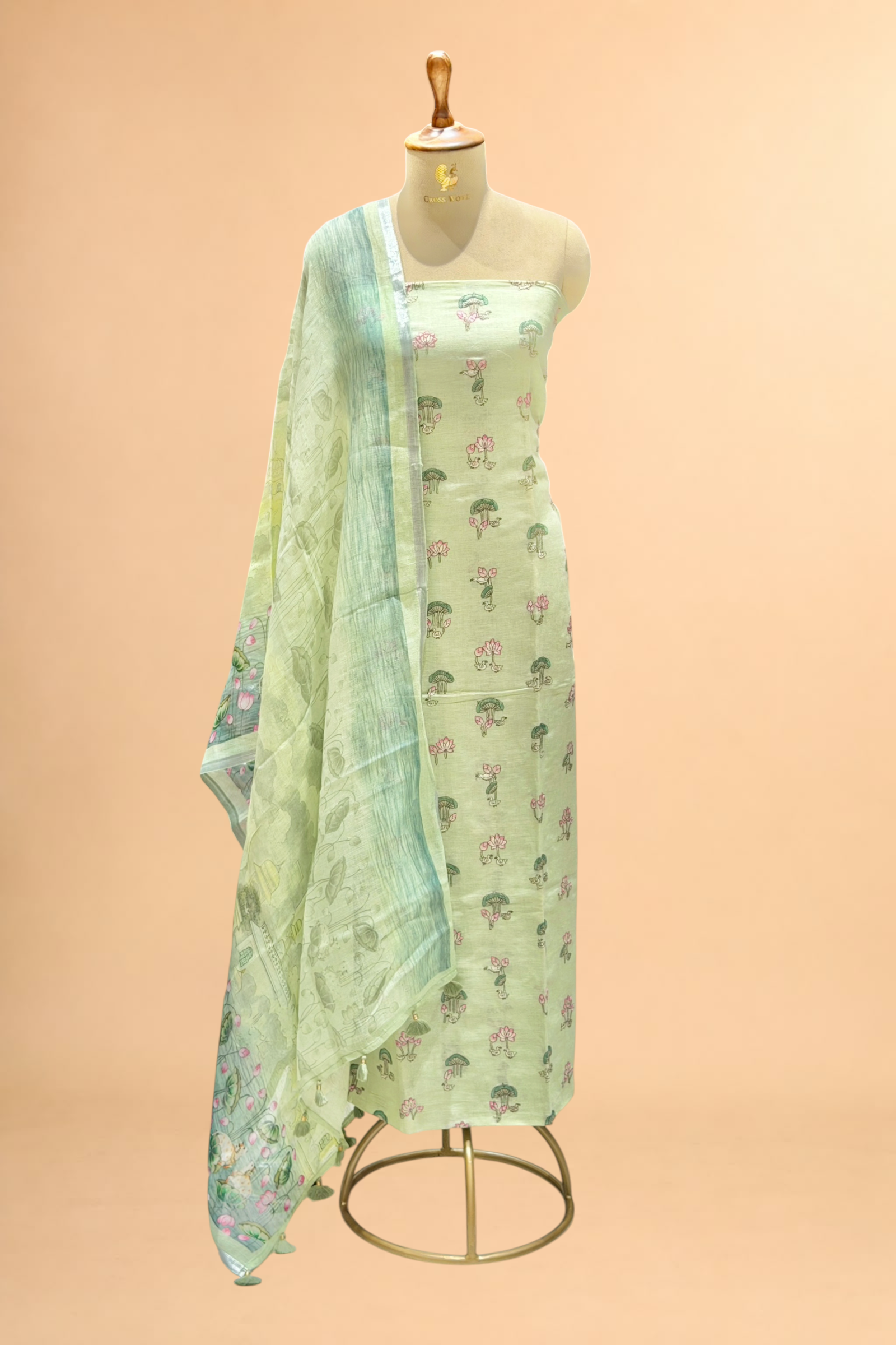 Pastel Green Linen Suit Set with Lotus Embroidery & Printed Dupatta