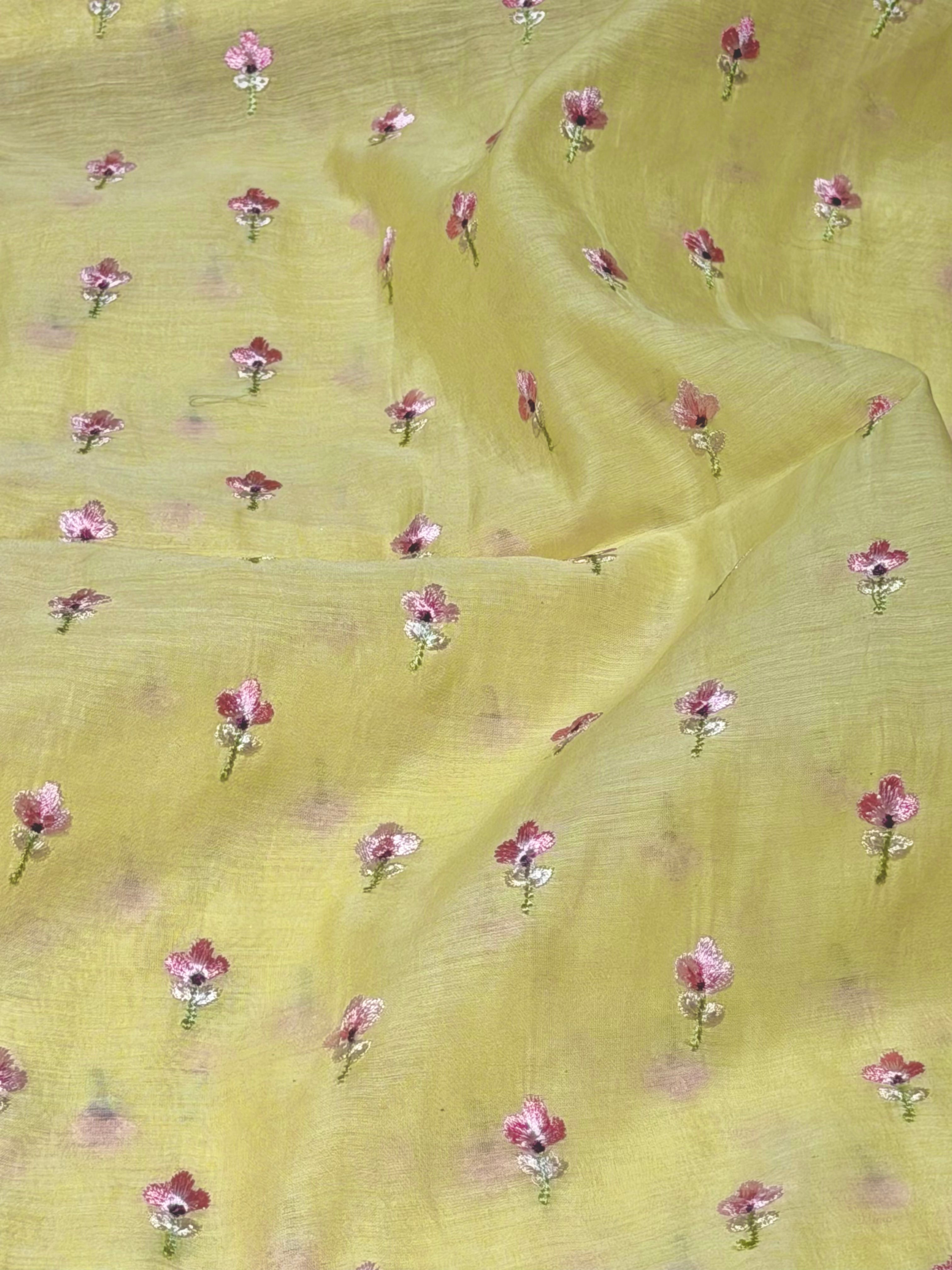 Lemon Yellow Mul Fabric With Embroidery