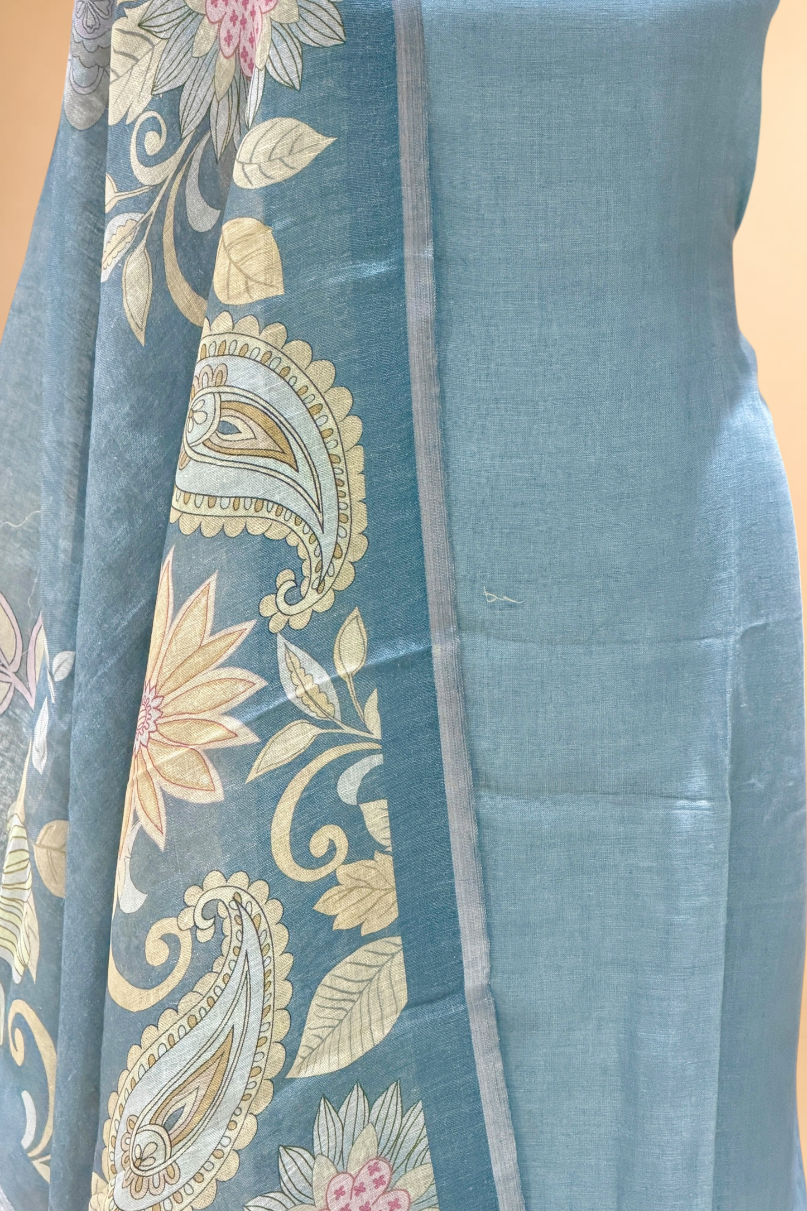 Powder Blue Linen Suit Set with Floral Printed Dupatta