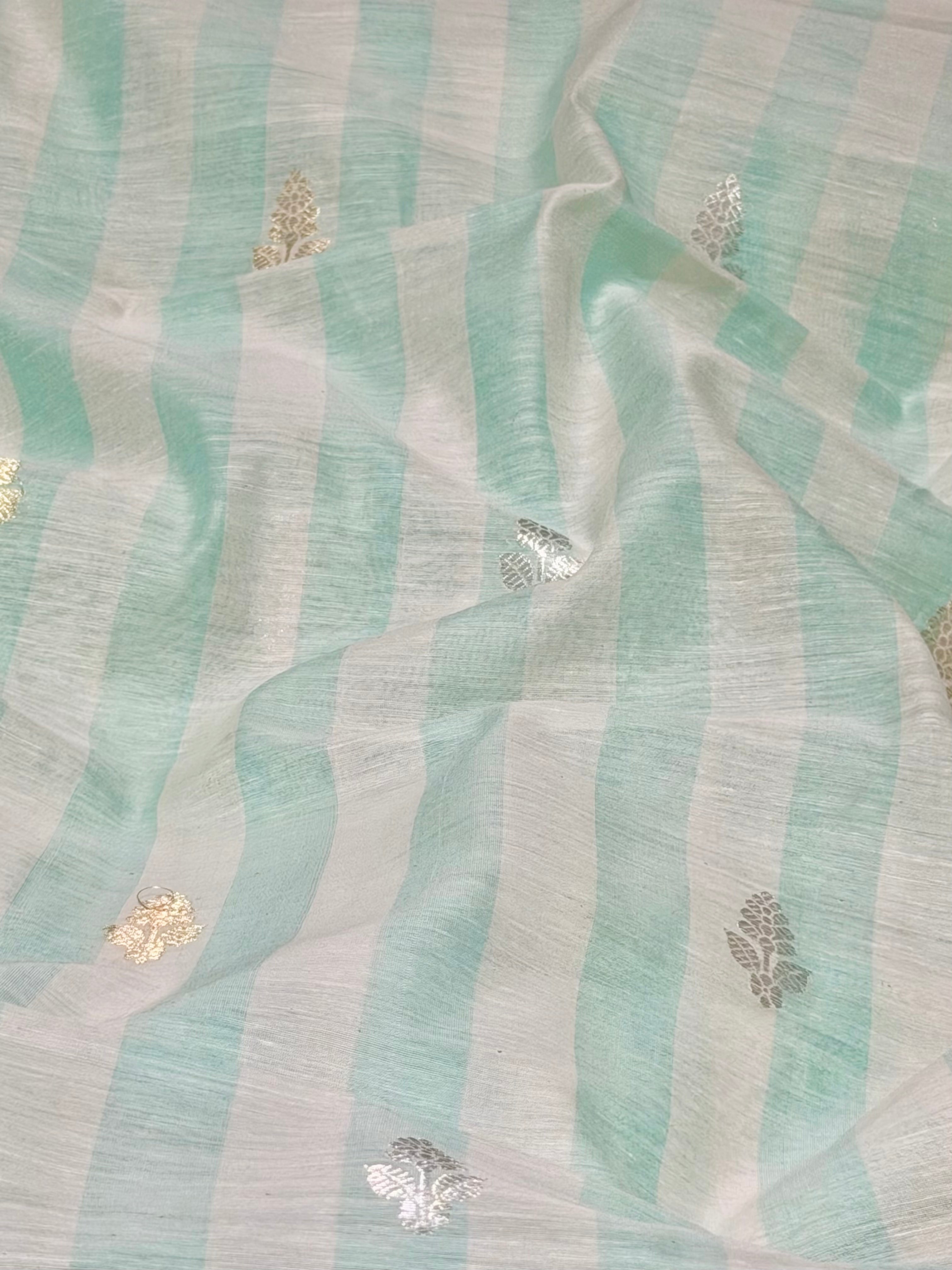 Aqua Green Premium Cotton Fabric With Floral Motifs