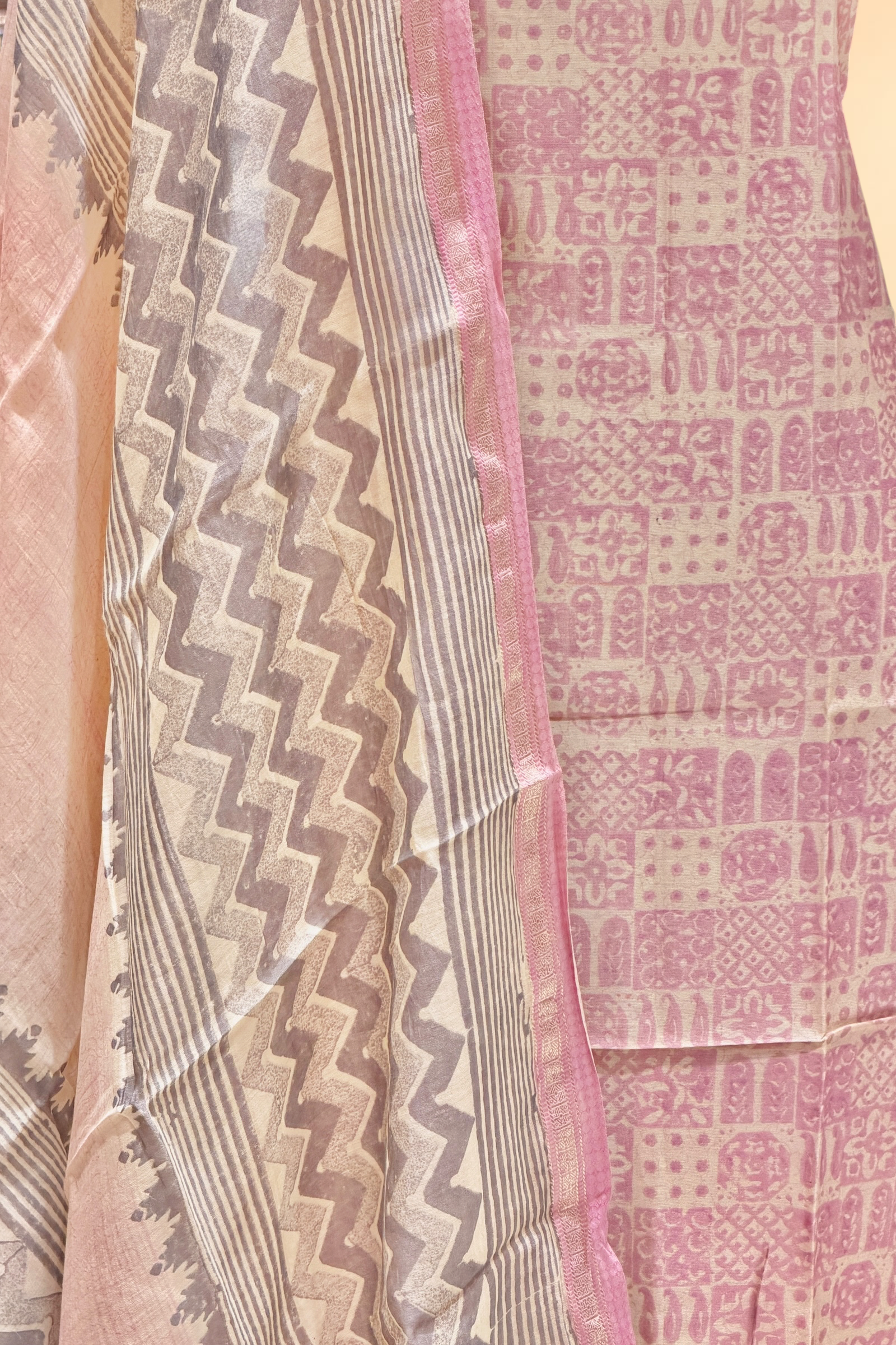 Pastel Pink Block Printed Chanderi Suit Set with Printed Dupatta