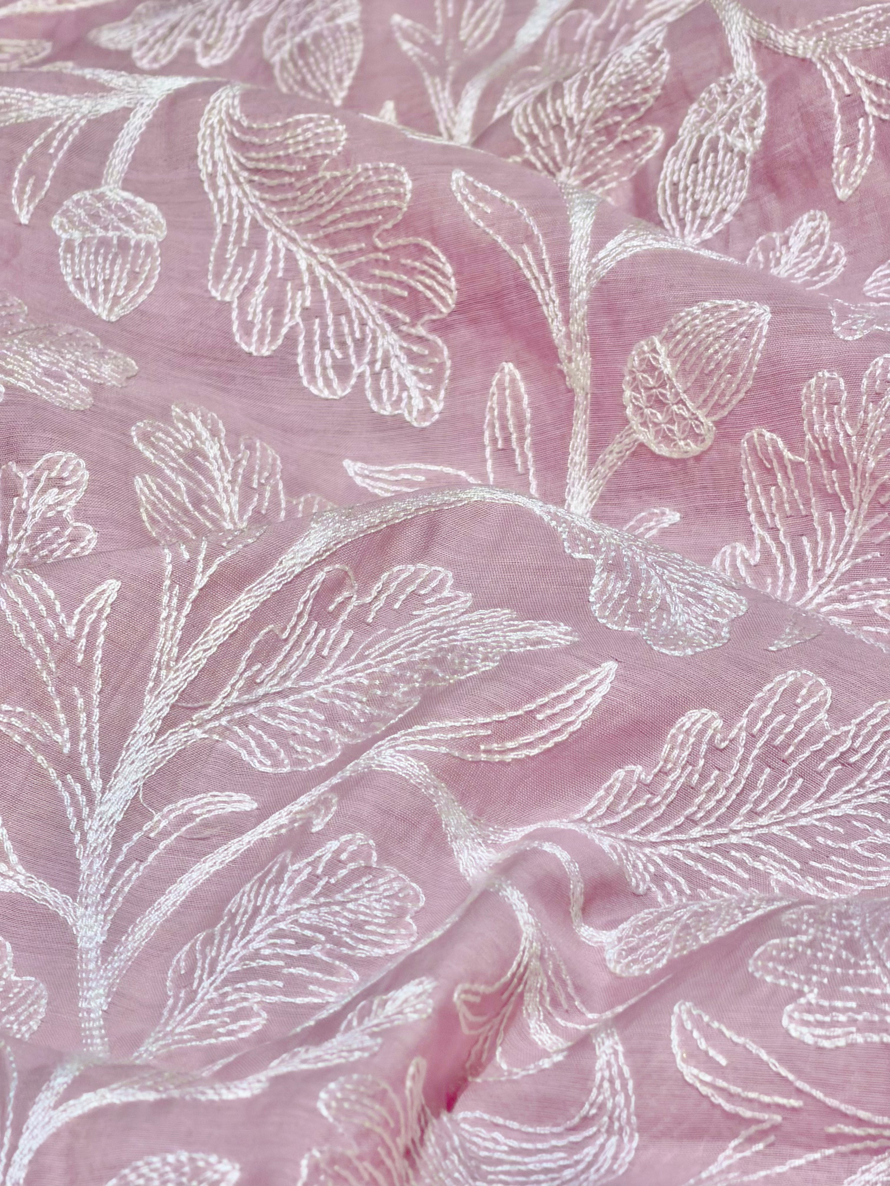 Pastel Pink Mul Fabric With Embroidery
