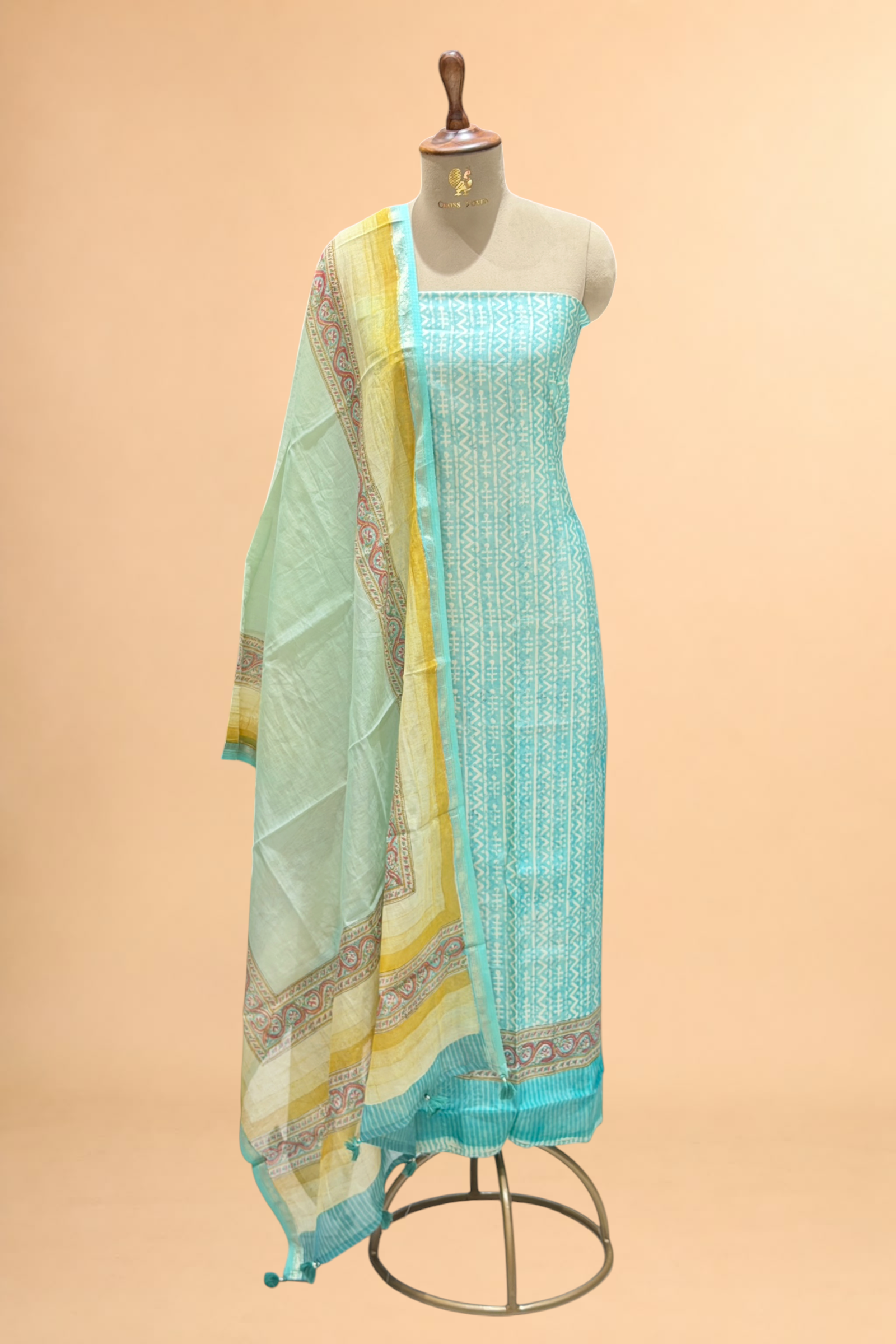 Aqua Blue Block Printed Chanderi Suit Set with Floral Border Dupatta