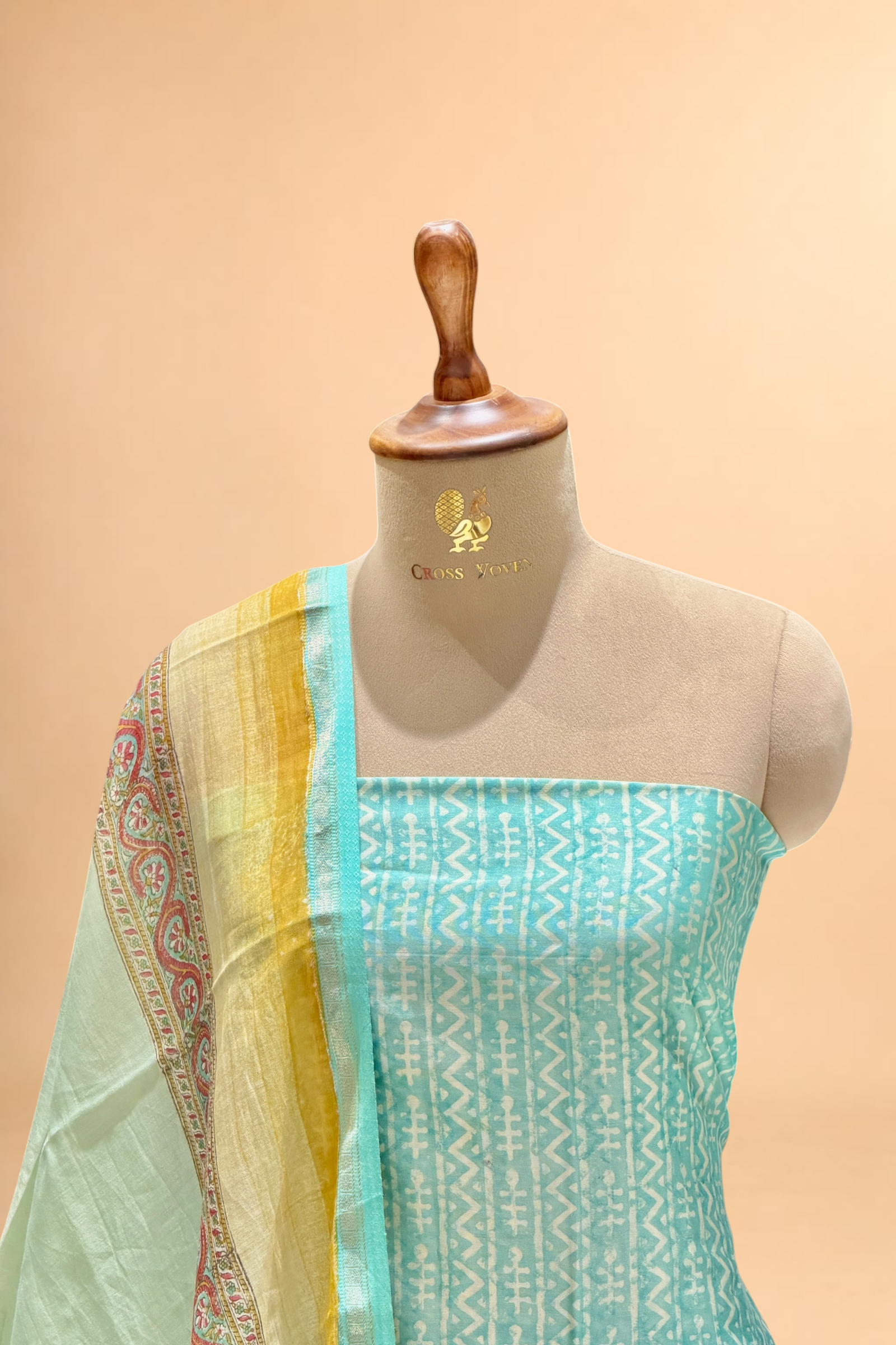 Aqua Blue Block Printed Chanderi Suit Set with Floral Border Dupatta