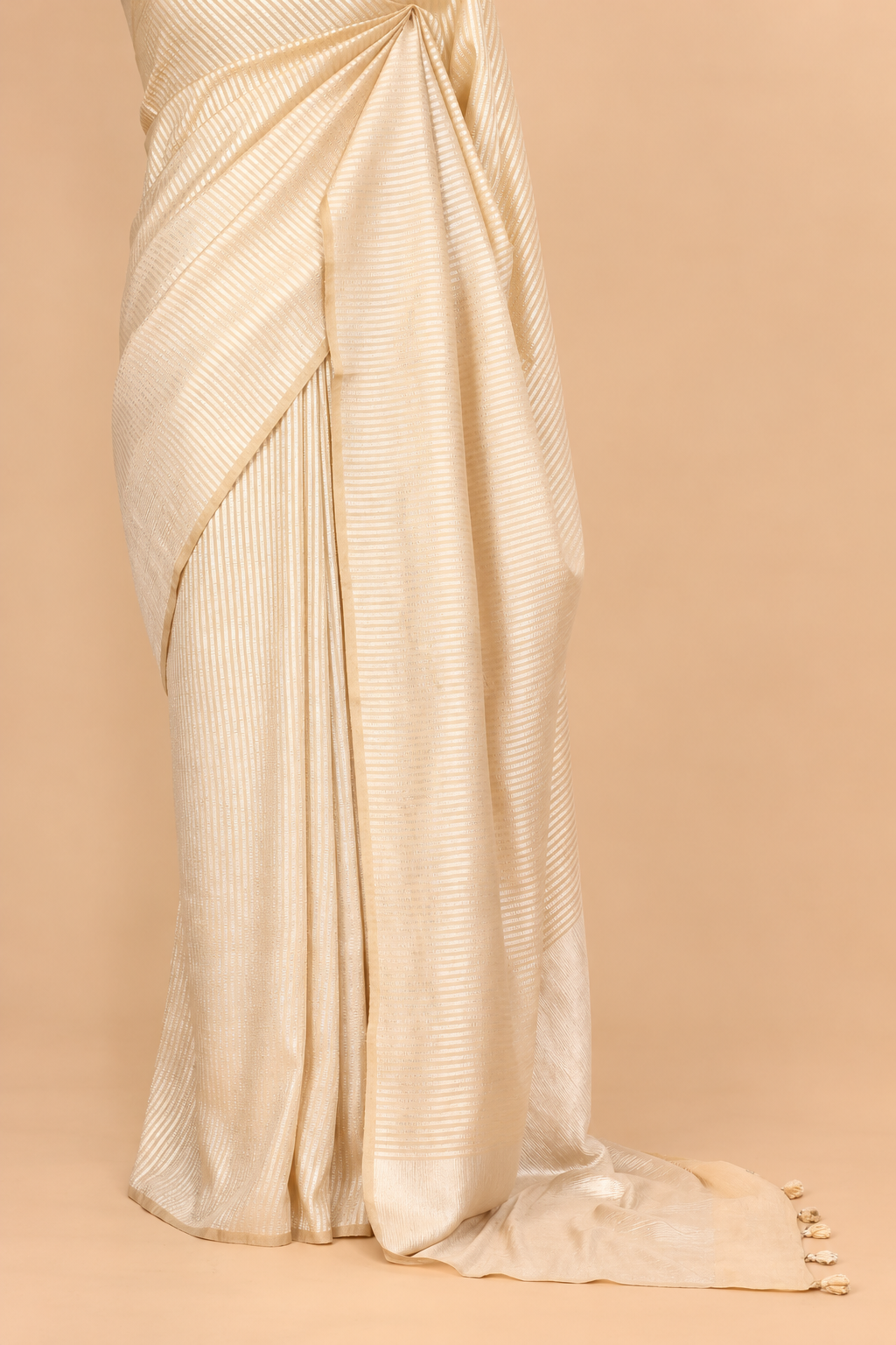 Cream Pure Munga Silk Saree With Crushed Tissue Stripes