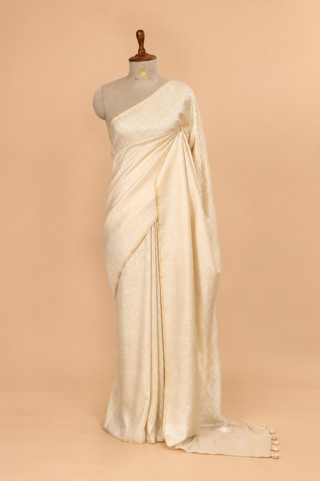 Cream Pure Munga Silk Saree With Crushed Tissue Stripes