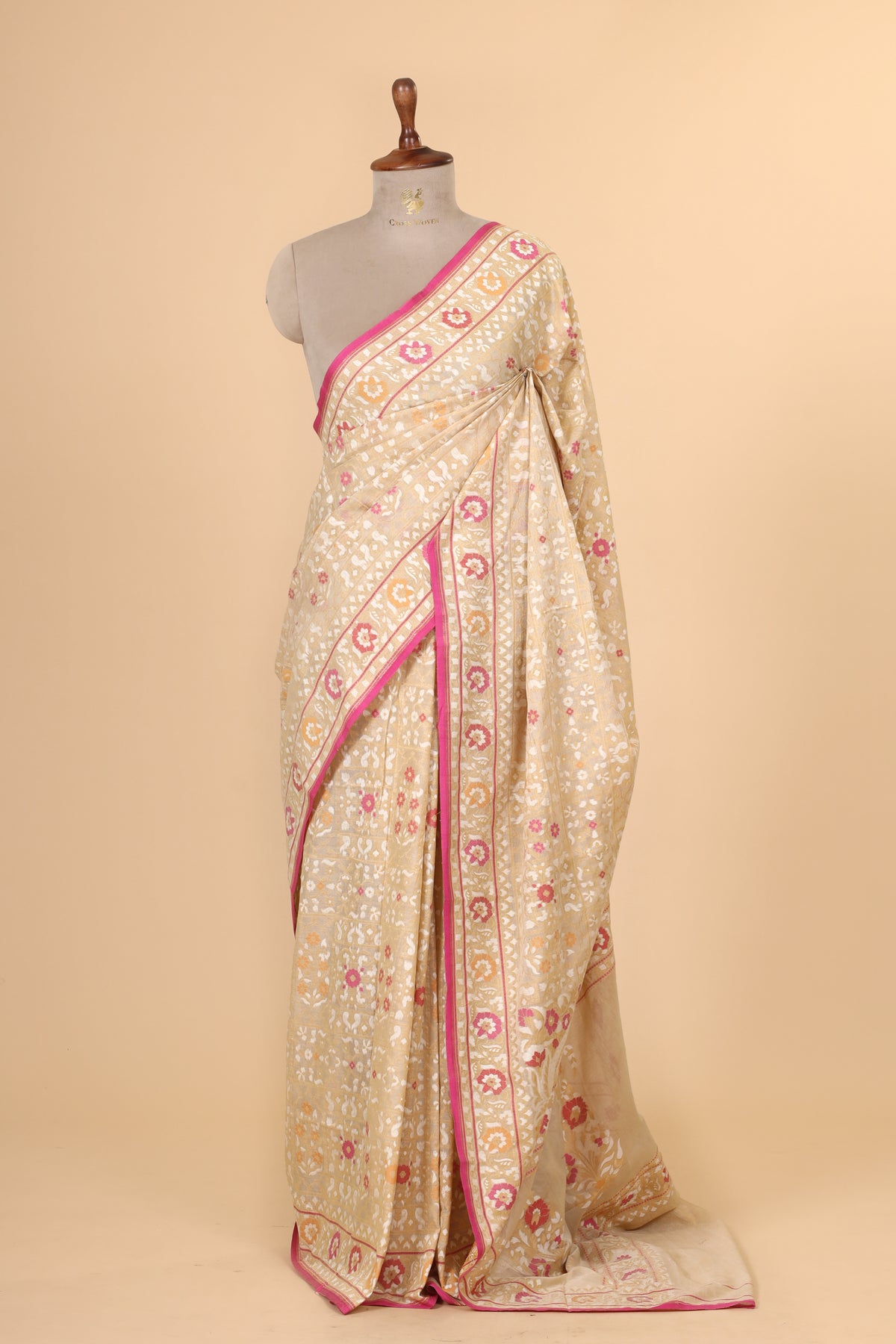 Ivory Pure Cotton Iktara Jamdani Saree With Contrast Selvedge