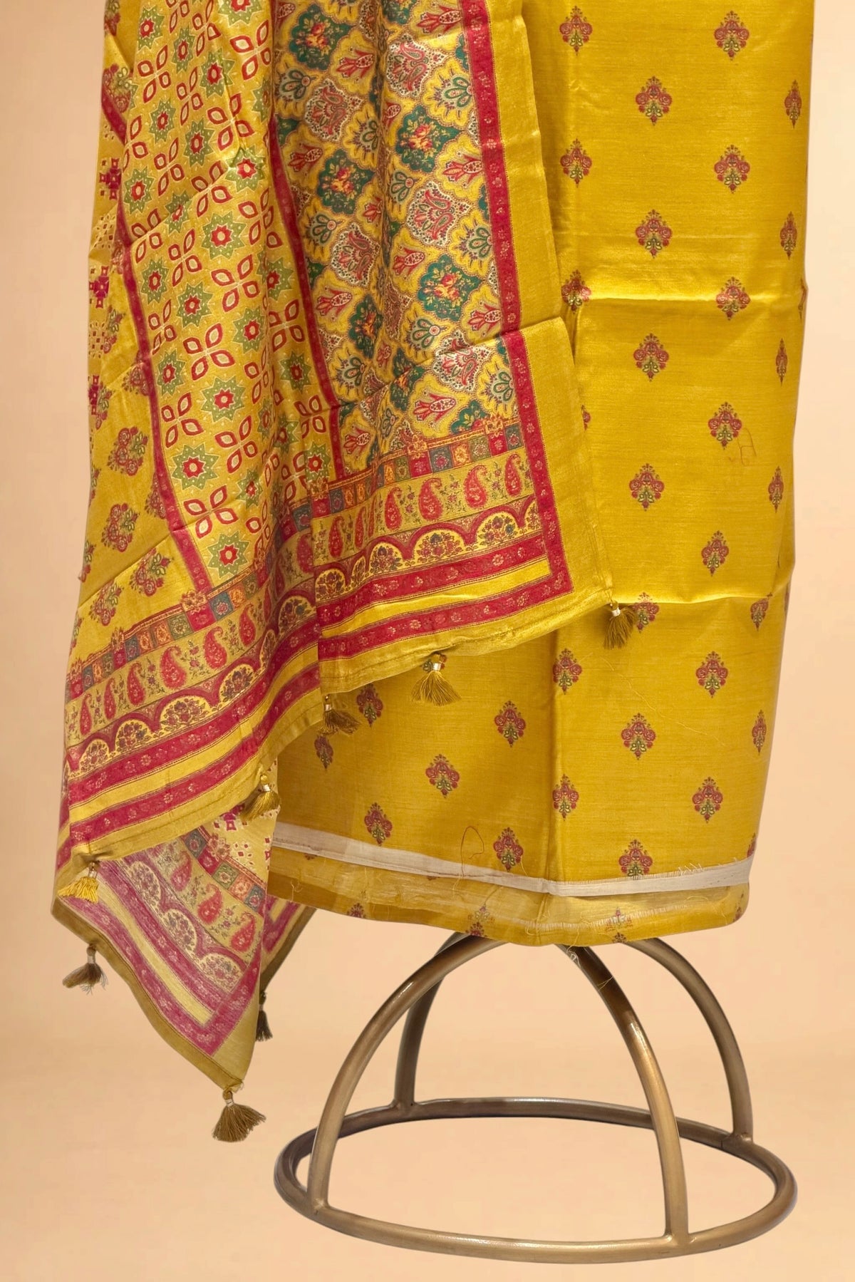 Mustard Yellow Printed Pure Banarasi Munga Silk Suit Set