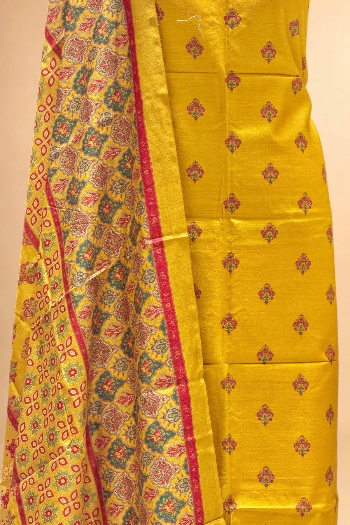 Mustard Yellow Printed Pure Banarasi Munga Silk Suit Set