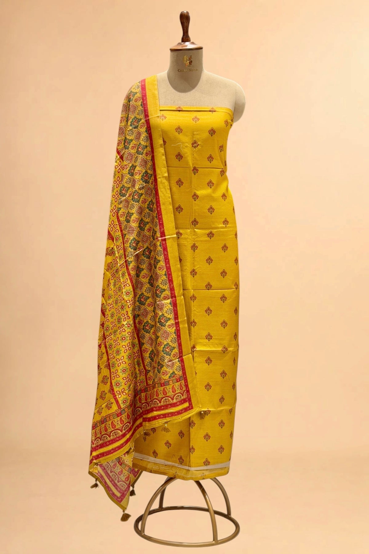 Mustard Yellow Printed Pure Banarasi Munga Silk Suit Set