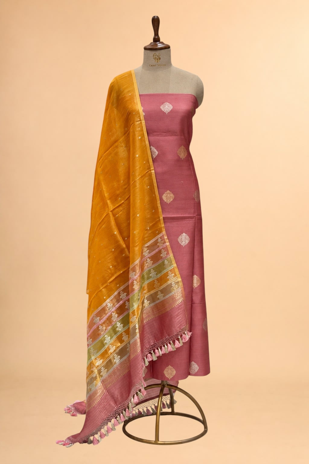 Muted Rose Pink Pure Chiniya Silk Suit Set With Contrast Dupatta