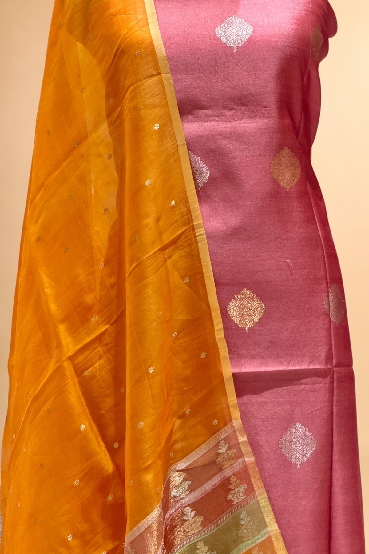 Muted Rose Pink Pure Chiniya Silk Suit Set With Contrast Dupatta