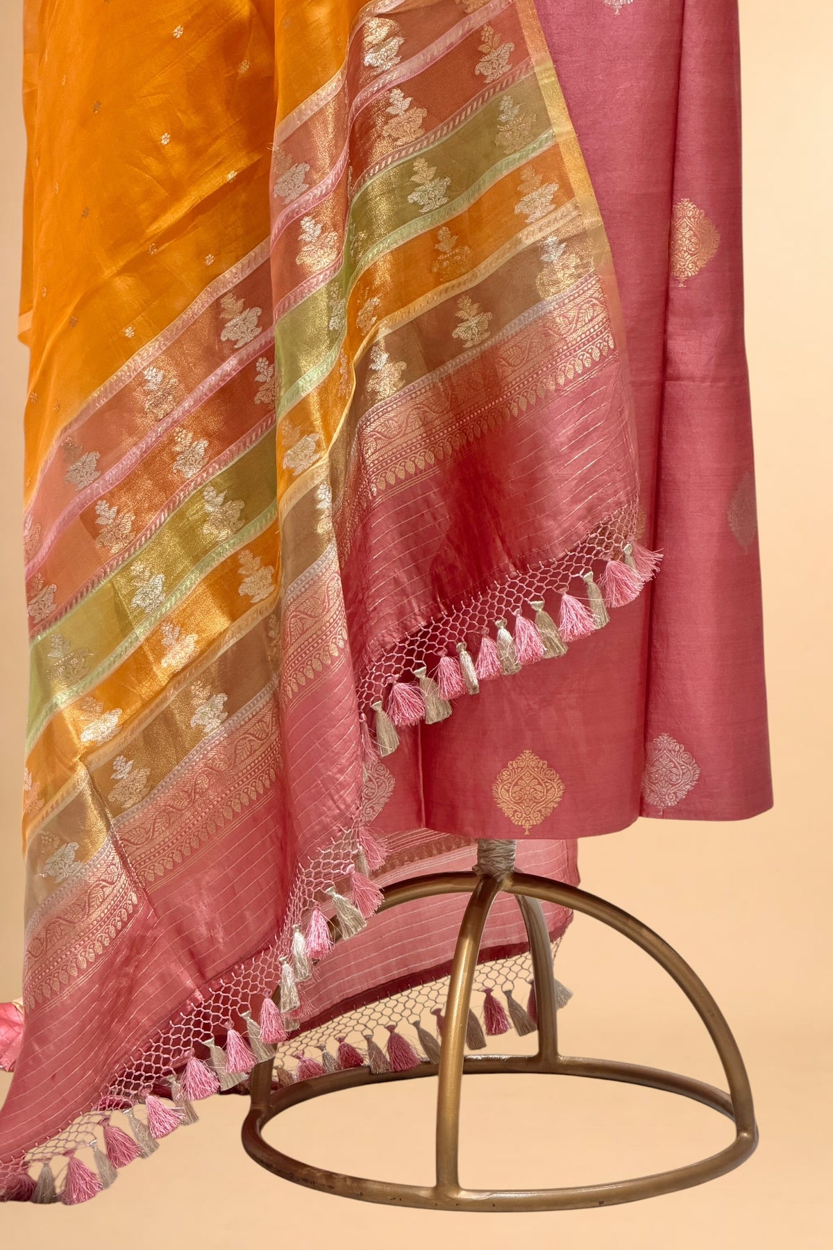 Muted Rose Pink Pure Chiniya Silk Suit Set With Contrast Dupatta