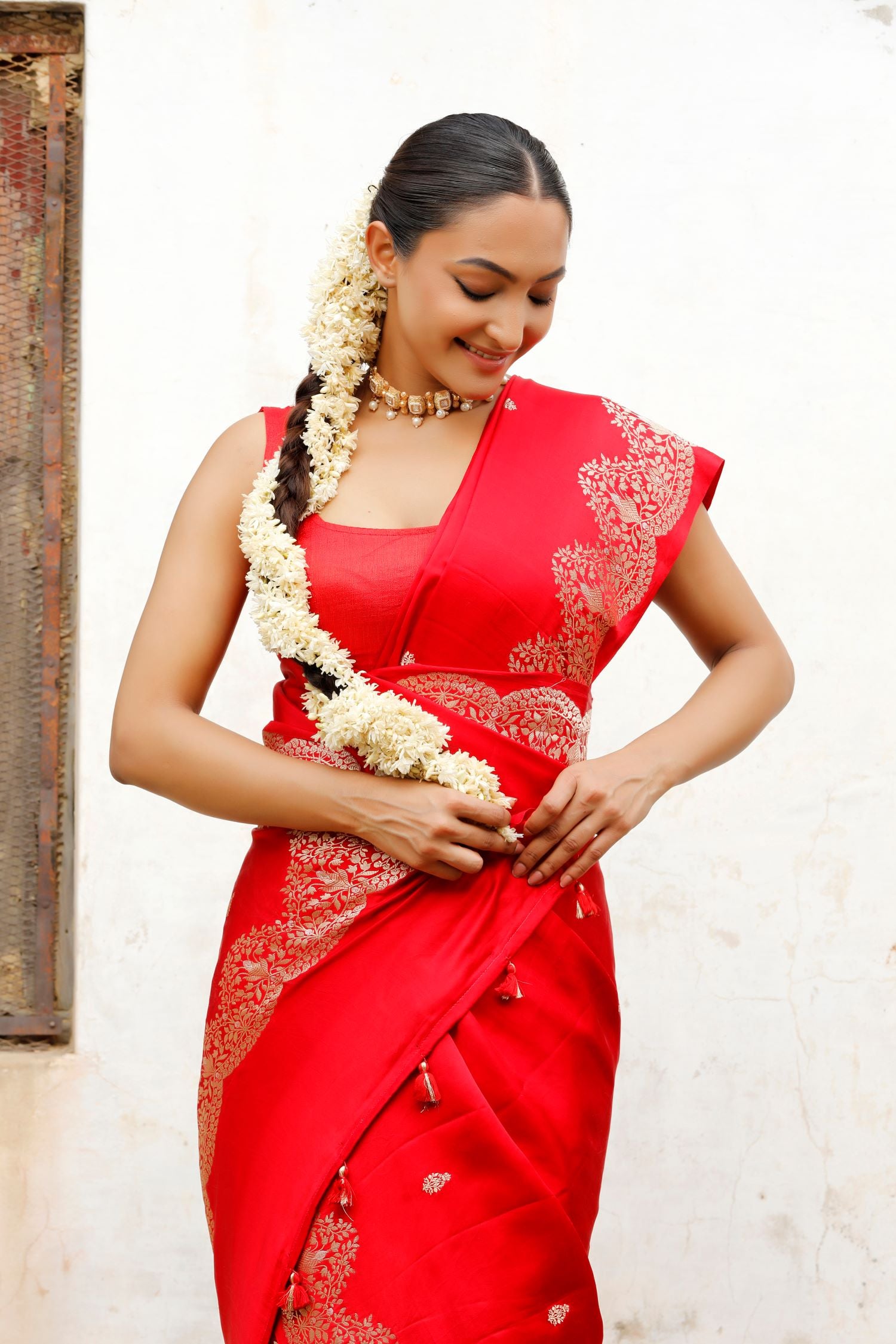 Red Banarasi Mashru Silk Saree With Floral Scalloped Border