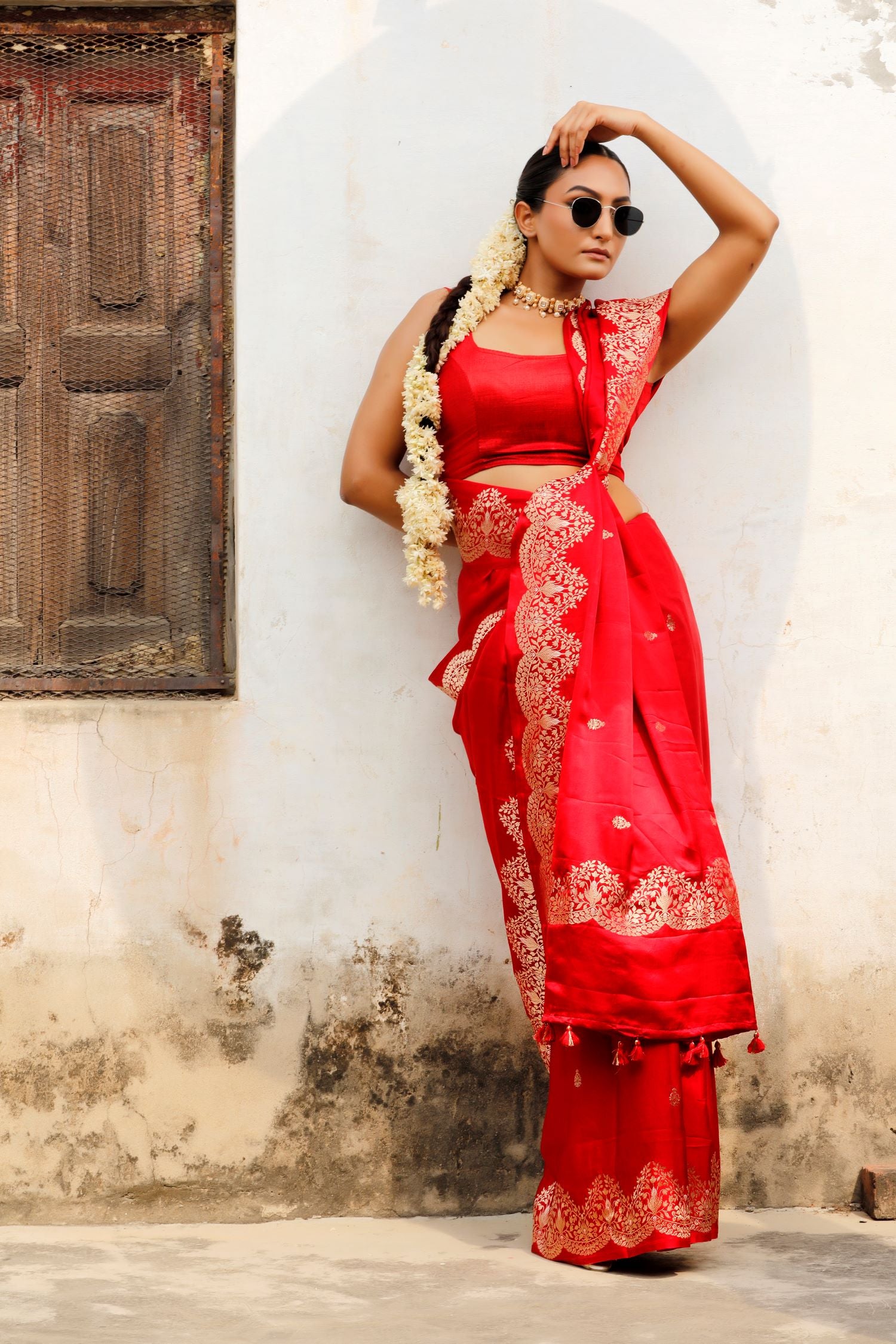 Red Banarasi Mashru Silk Saree With Floral Scalloped Border