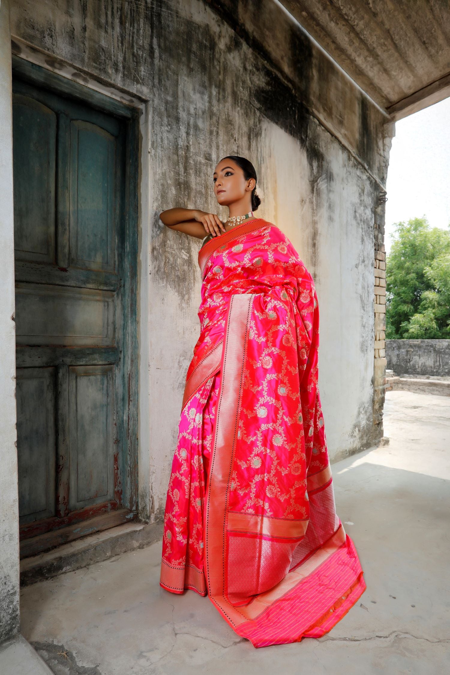 Bright Pink Katan Silk Saree With Meenakari Floral Kadhwa Jaal