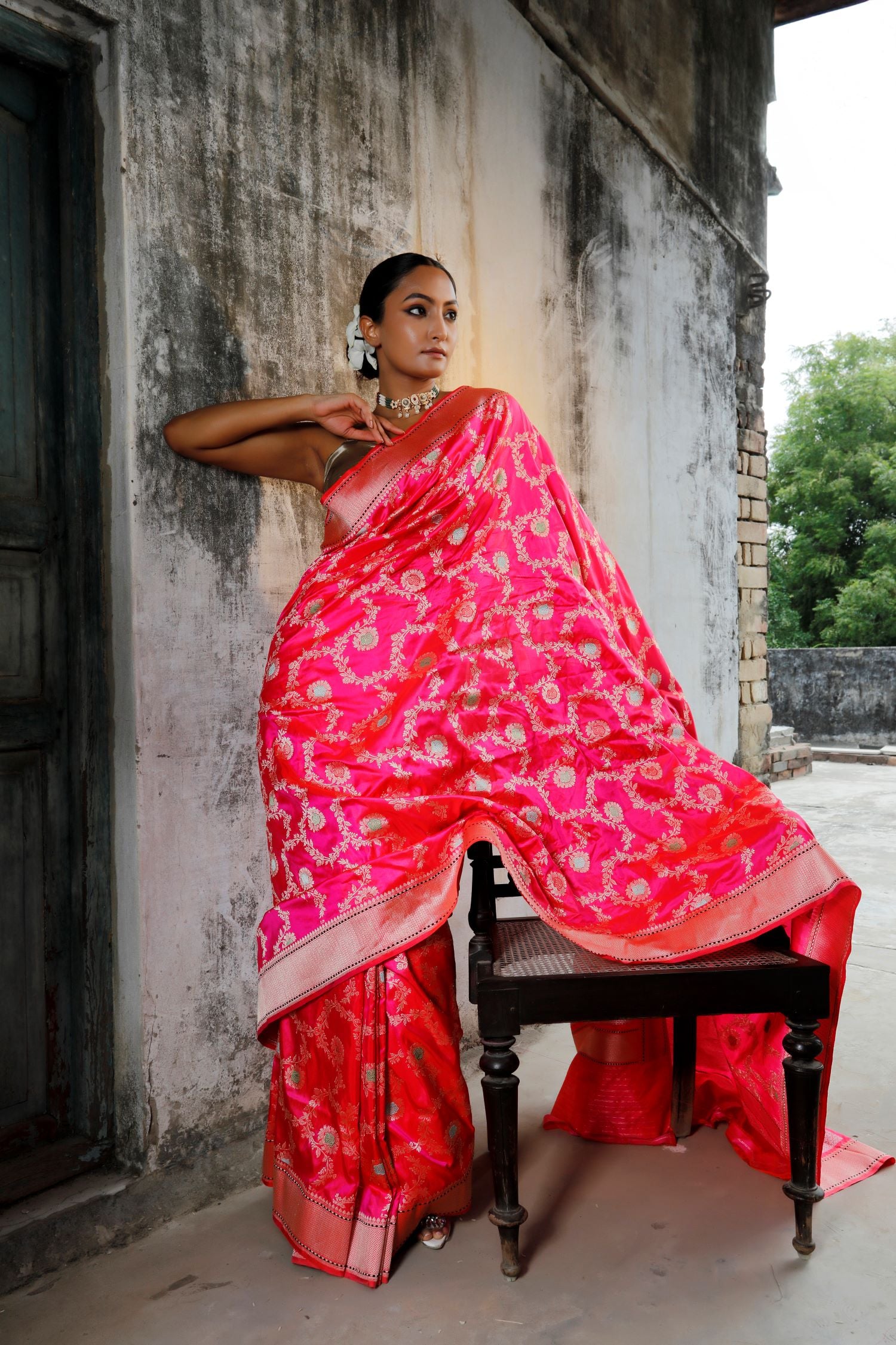 Bright Pink Katan Silk Saree With Meenakari Floral Kadhwa Jaal