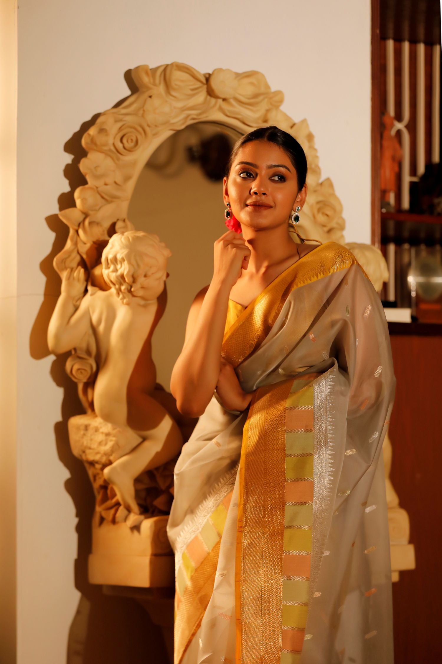 Pastel Grey Organza Saree with Sona Rupa Bootis and Panelled Border