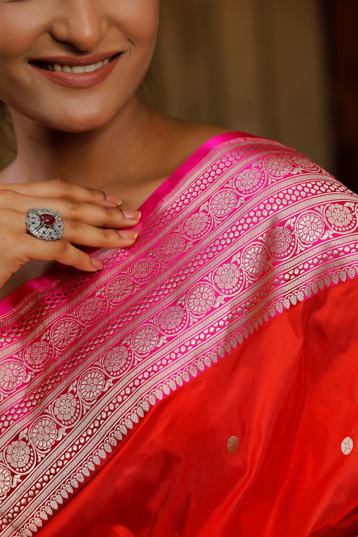 Bright Orange Pure Katan Silk Saree With Contrast Border