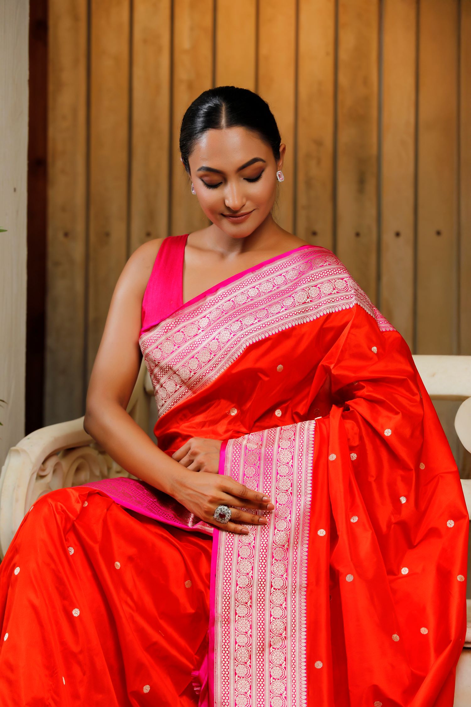 Bright Orange Pure Katan Silk Saree With Contrast Border