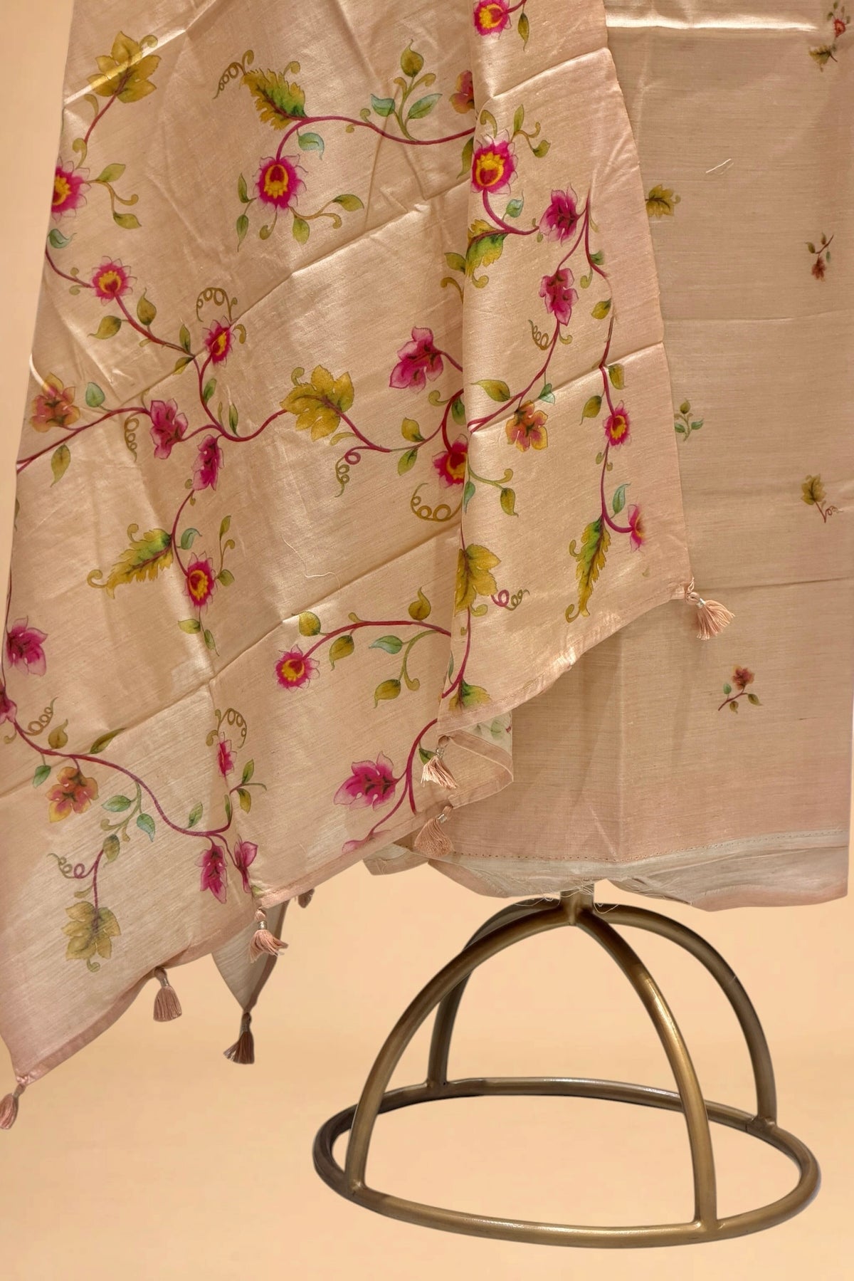 Peach Beige Printed Pure Banarasi Munga Silk Suit Set