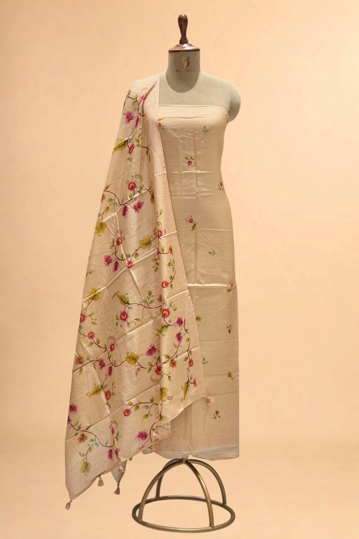 Peach Beige Printed Pure Banarasi Munga Silk Suit Set