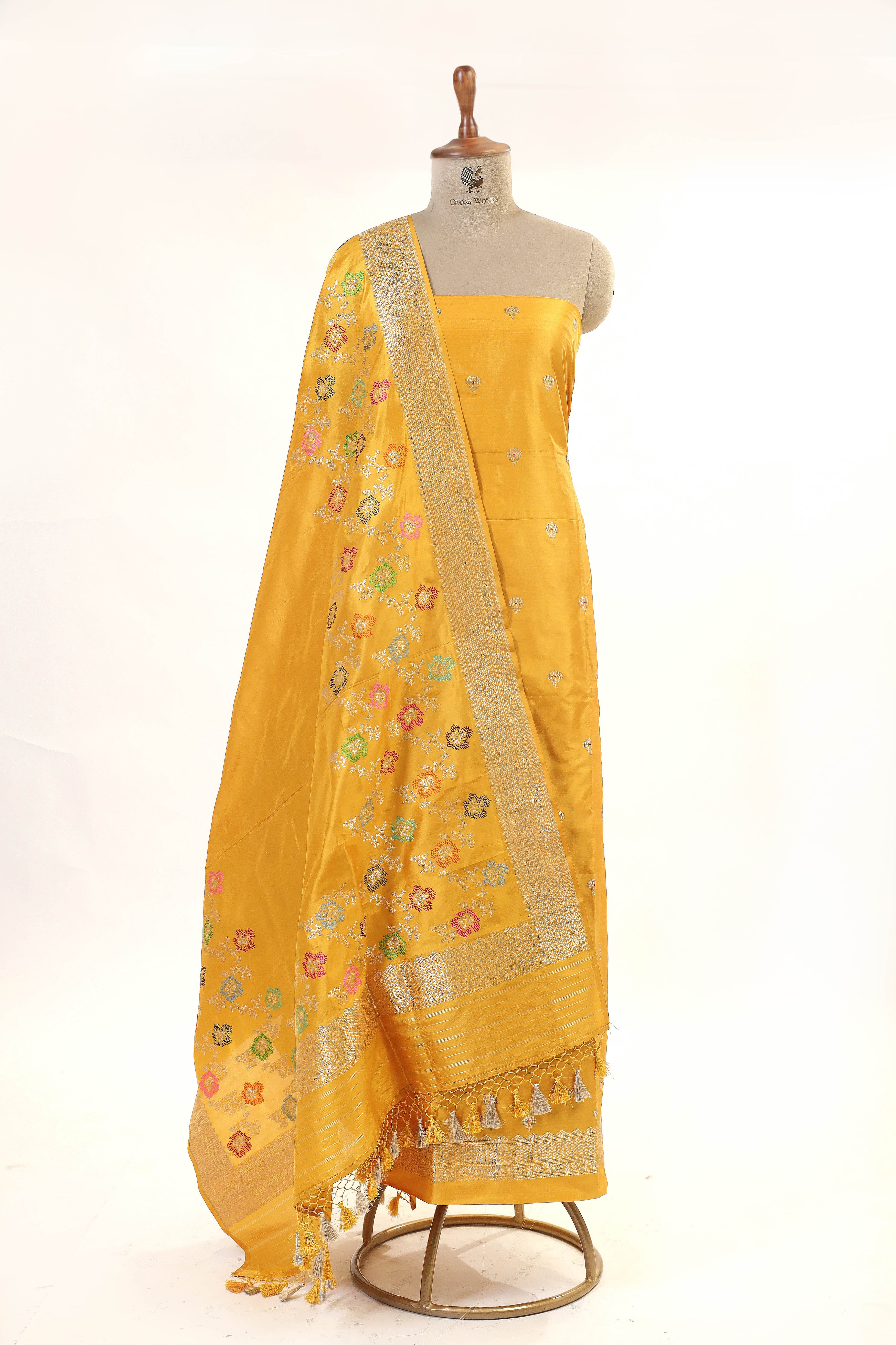 Mustard Yellow Katan Silk Suit Set With Meenakari Floral Jaal Dupatta