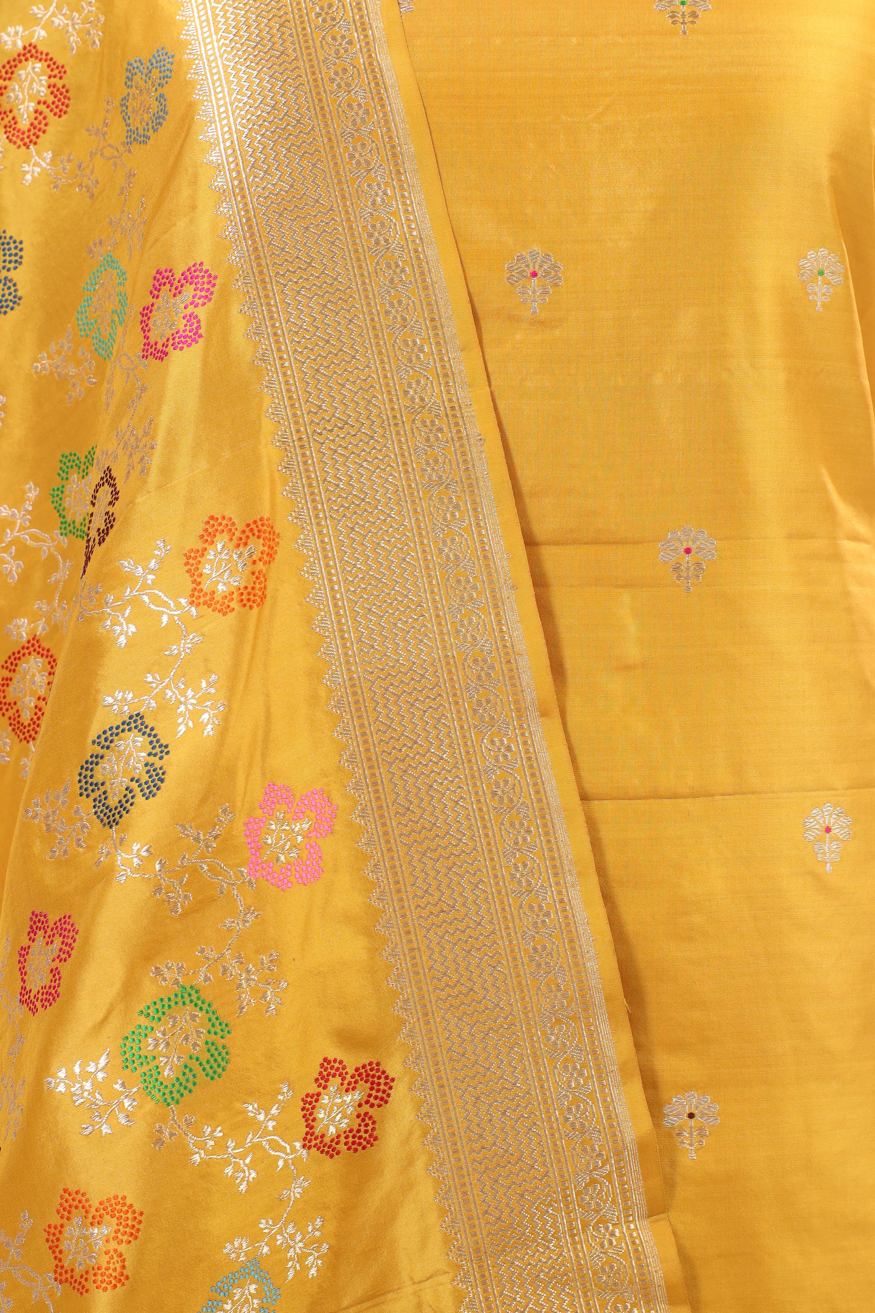 Mustard Yellow Katan Silk Suit Set With Meenakari Floral Jaal Dupatta