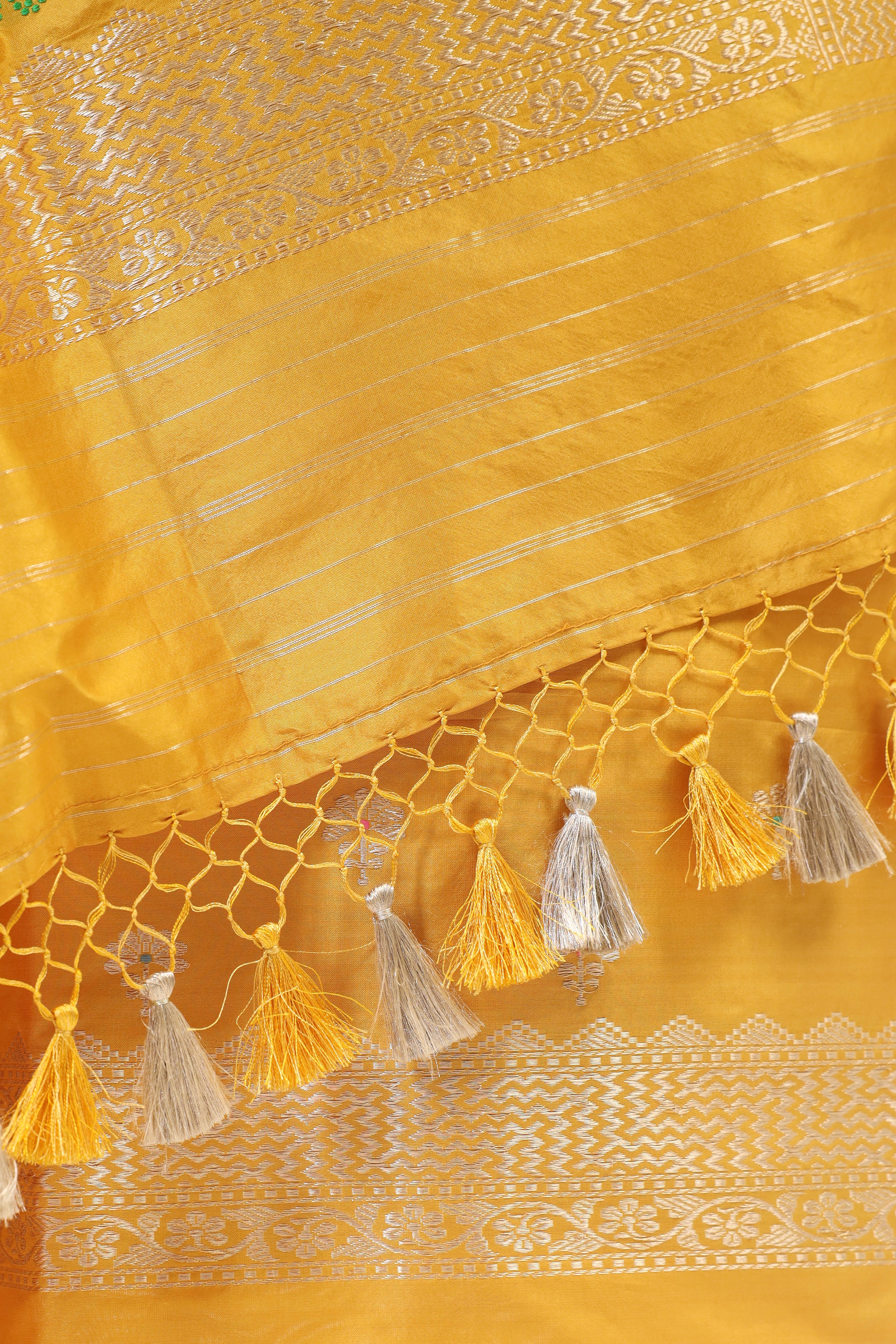 Mustard Yellow Katan Silk Suit Set With Meenakari Floral Jaal Dupatta