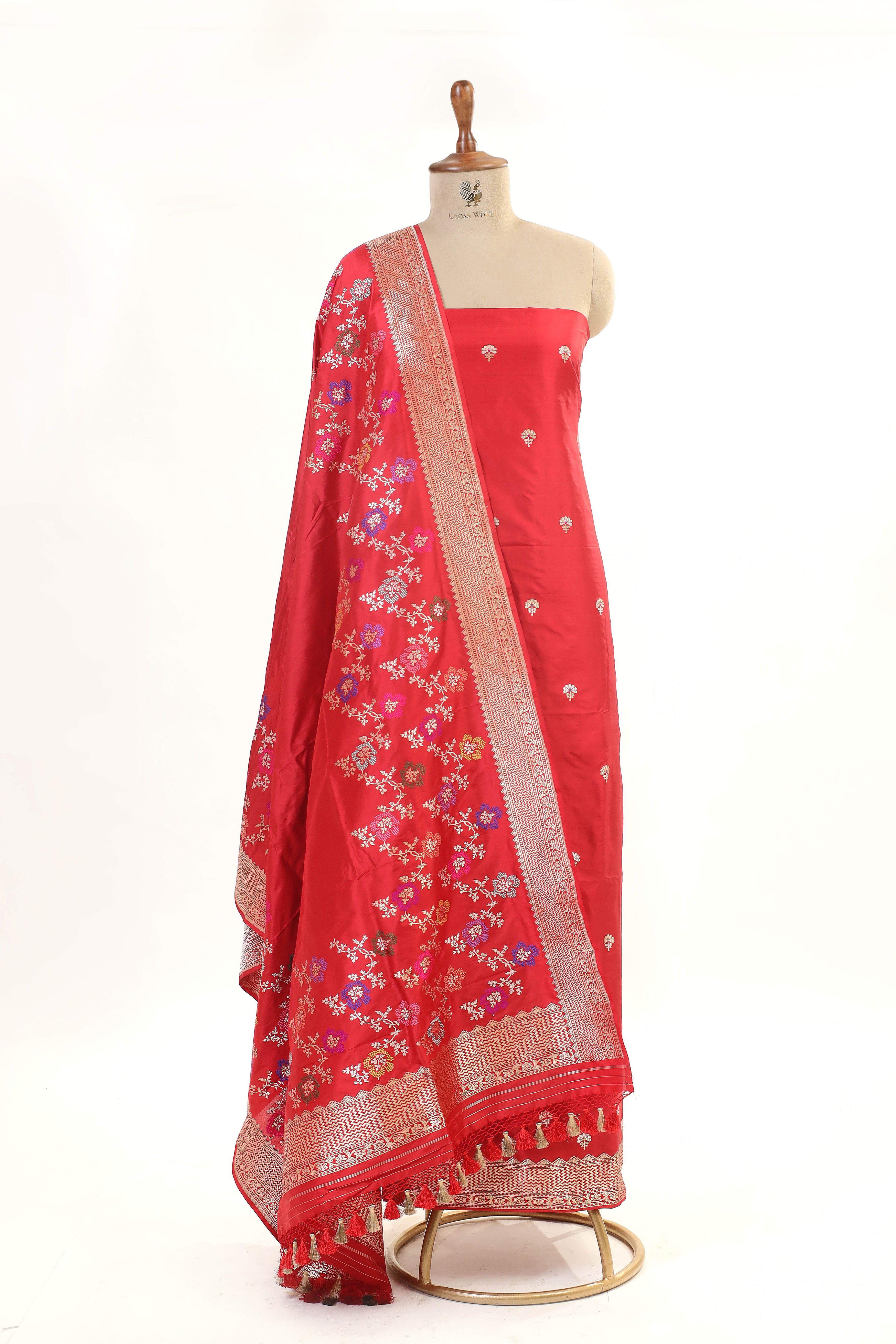Red Katan Silk Suit Set With Meenakari Floral Jaal Dupatta