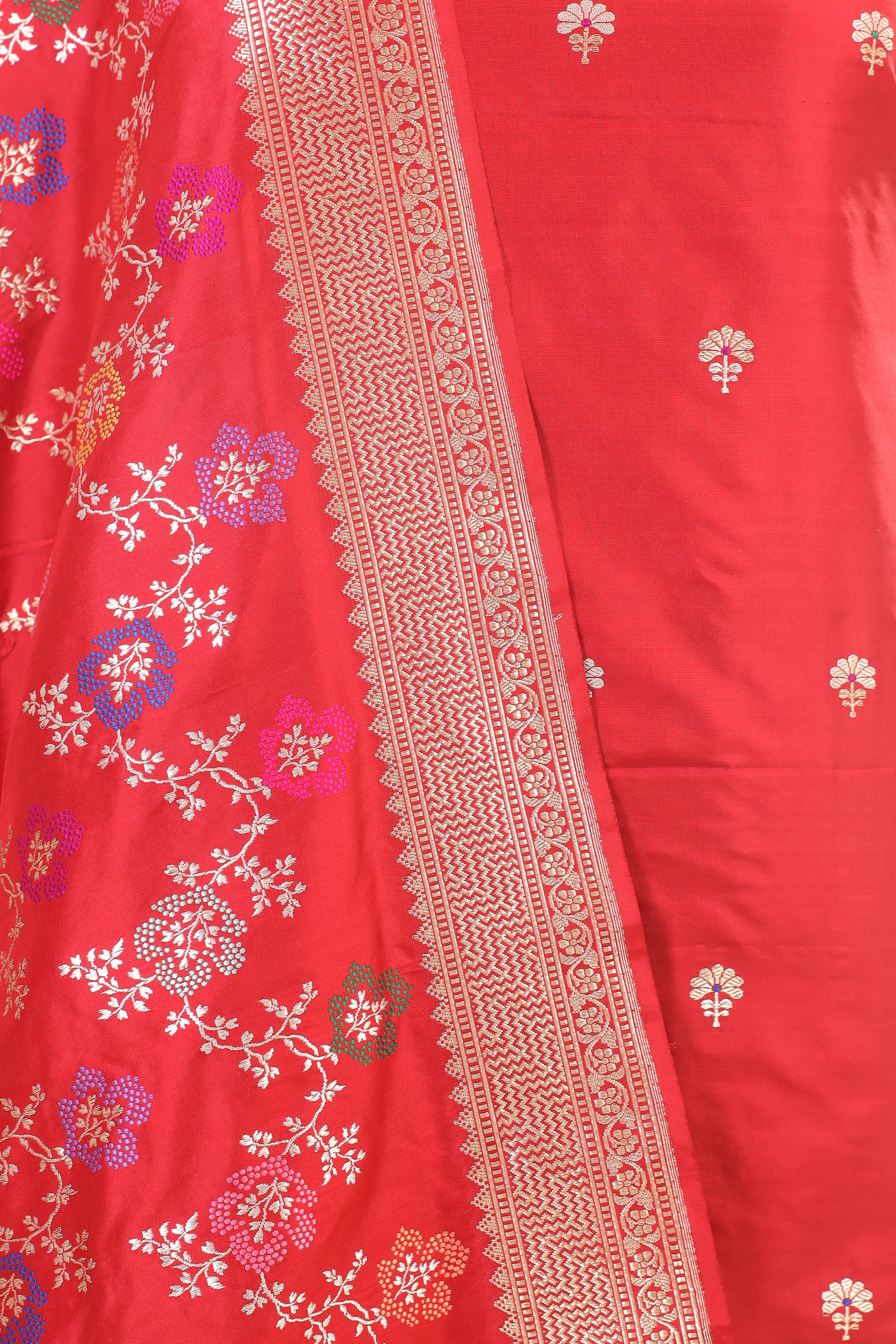 Red Katan Silk Suit Set With Meenakari Floral Jaal Dupatta