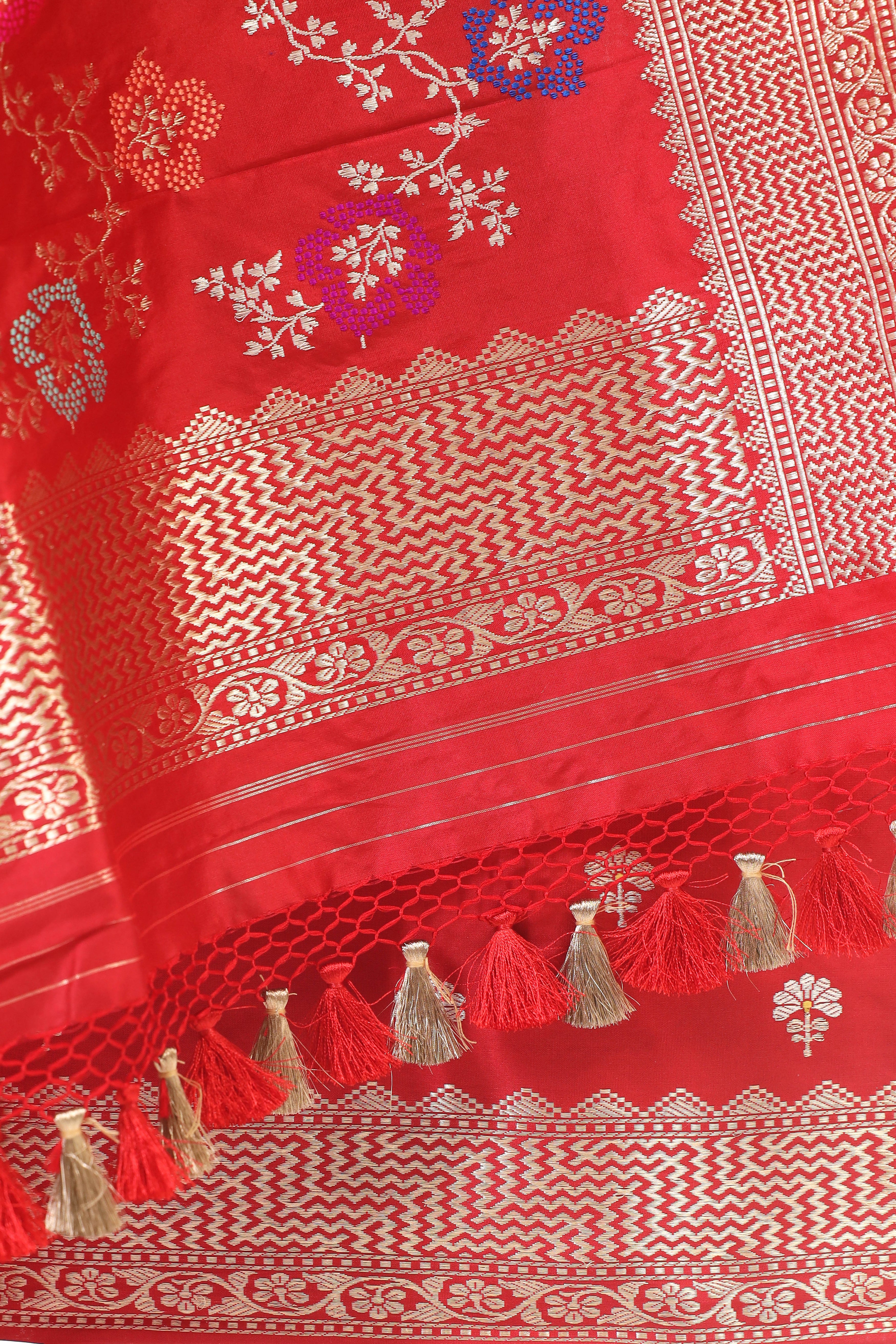 Red Katan Silk Suit Set With Meenakari Floral Jaal Dupatta