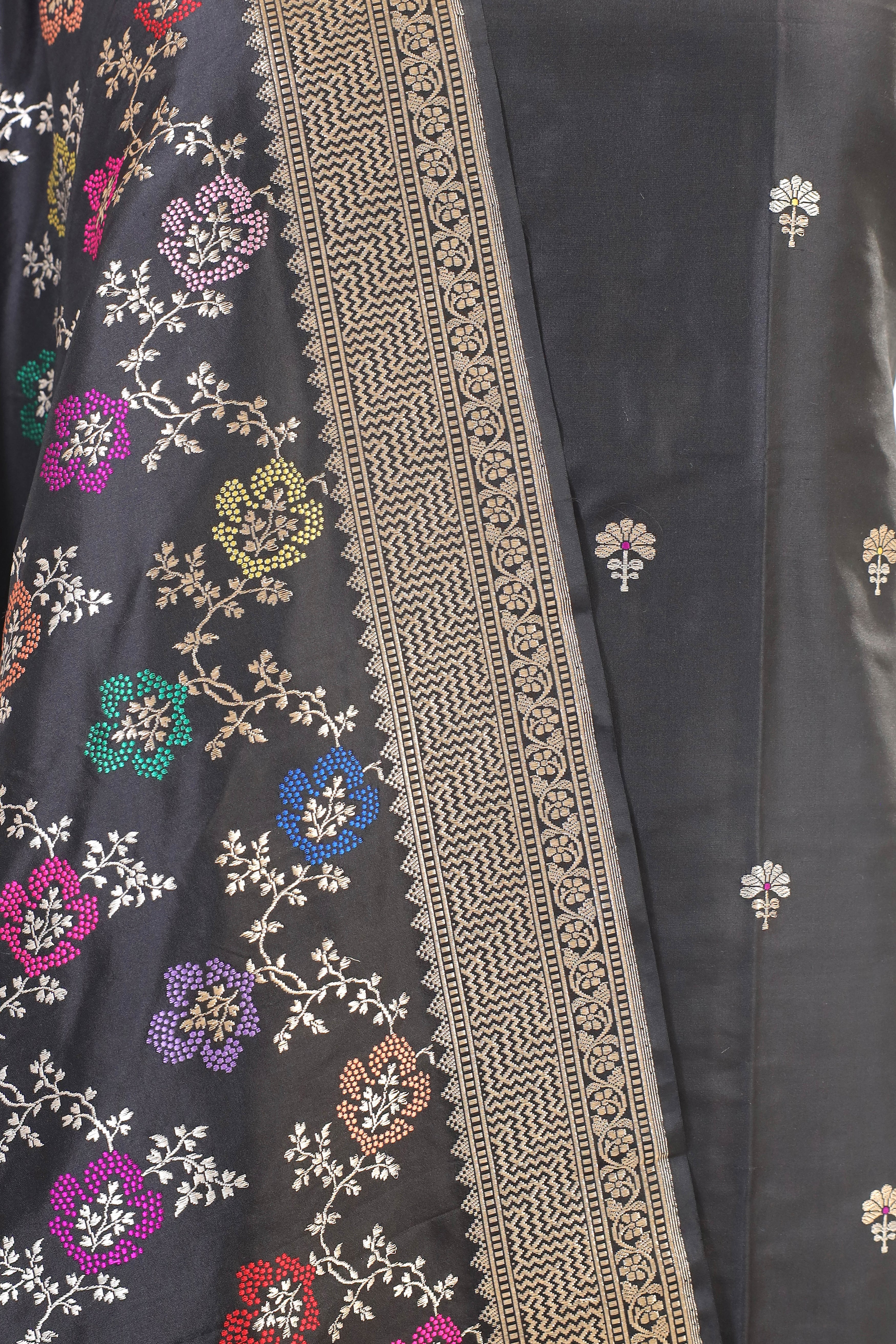 Black Katan Silk Suit Set With Meenakari Floral Jaal Dupatta
