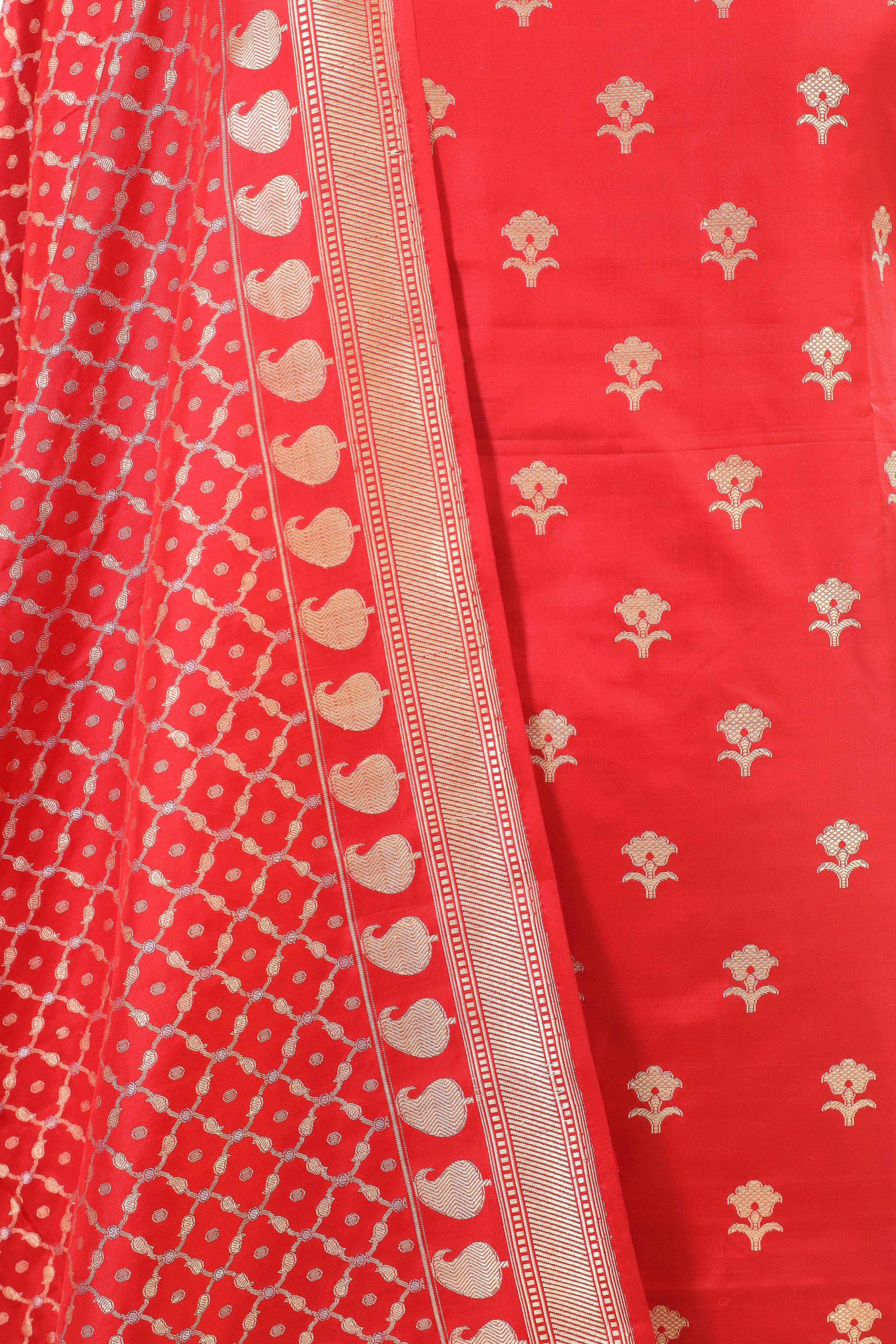Red Katan Silk Suit Set With Handwoven Jaal Dupatta