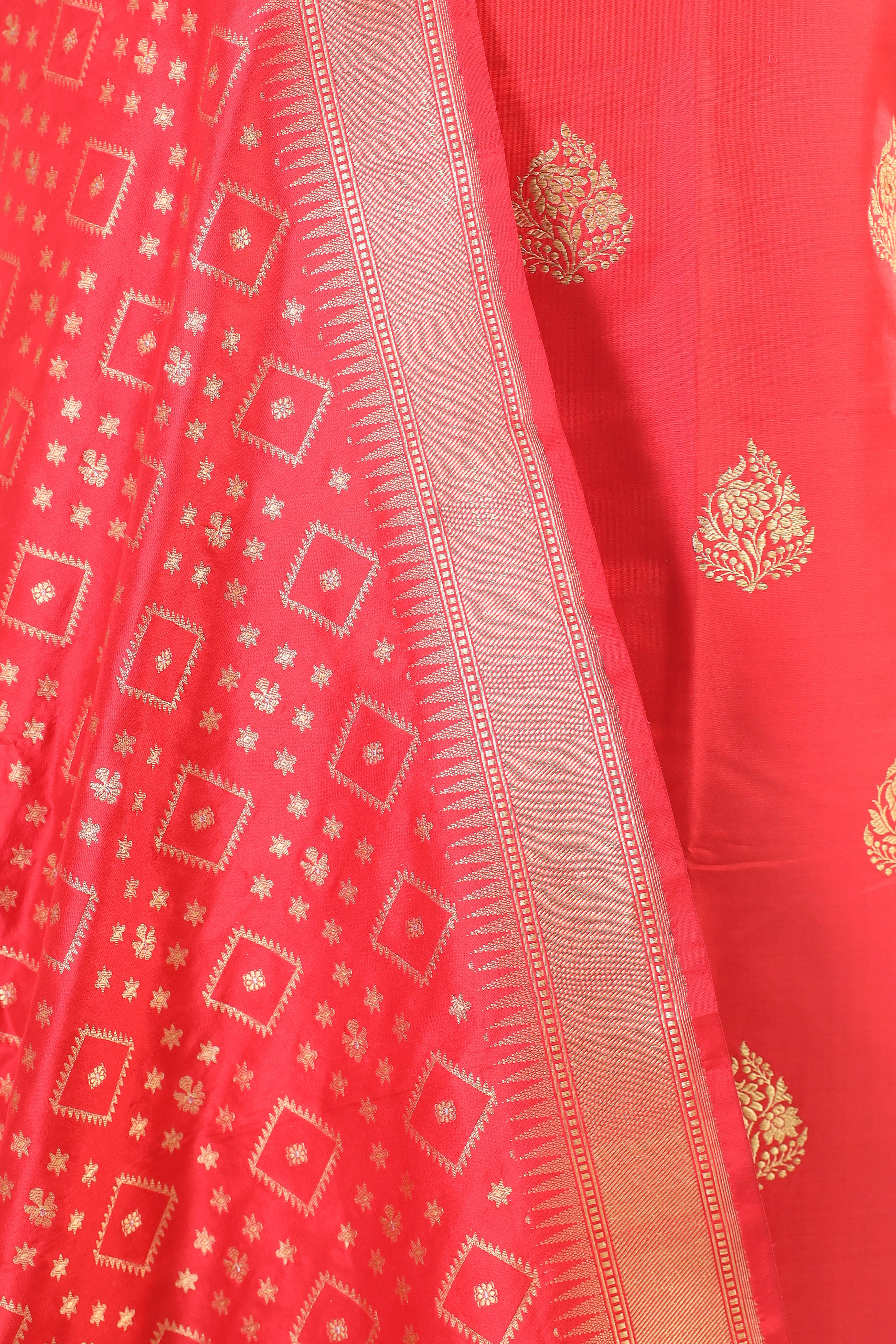 Red Katan Silk Suit Set With Handwoven Dupatta