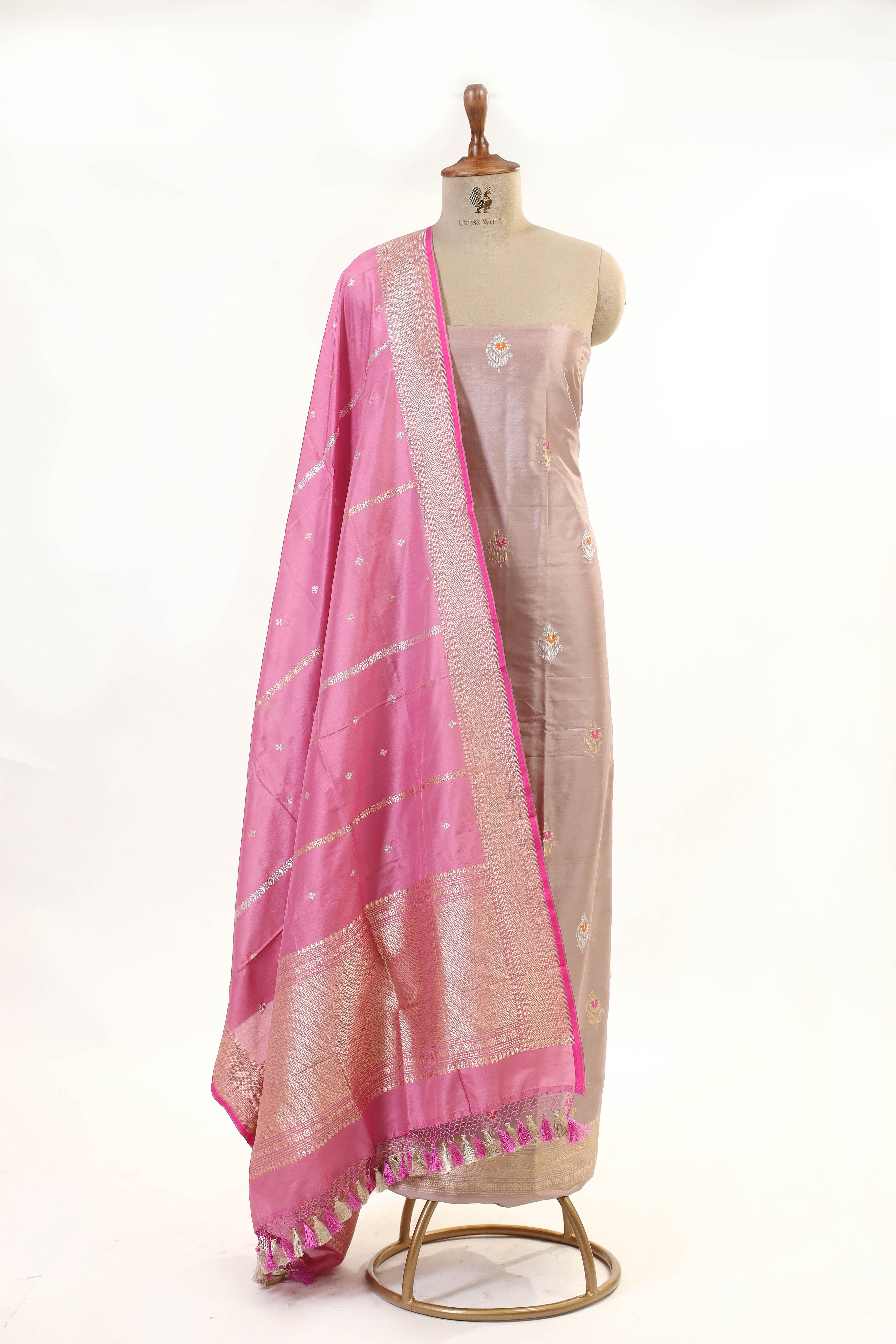 Lilac Beige Katan Silk Suit Set With Contrast Dupatta