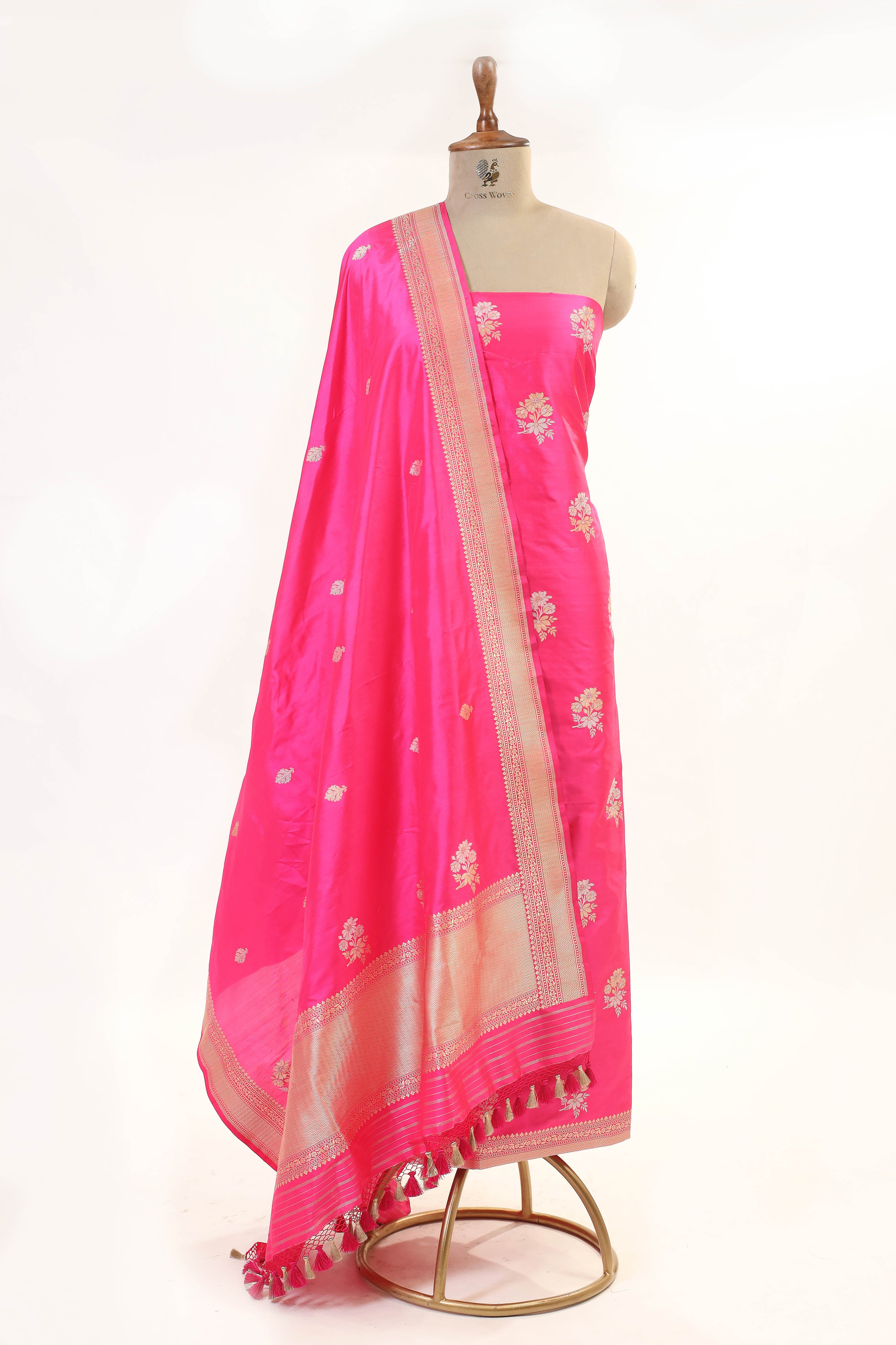 Bright Pink Katan Silk Suit Set With Handwoven Dupatta
