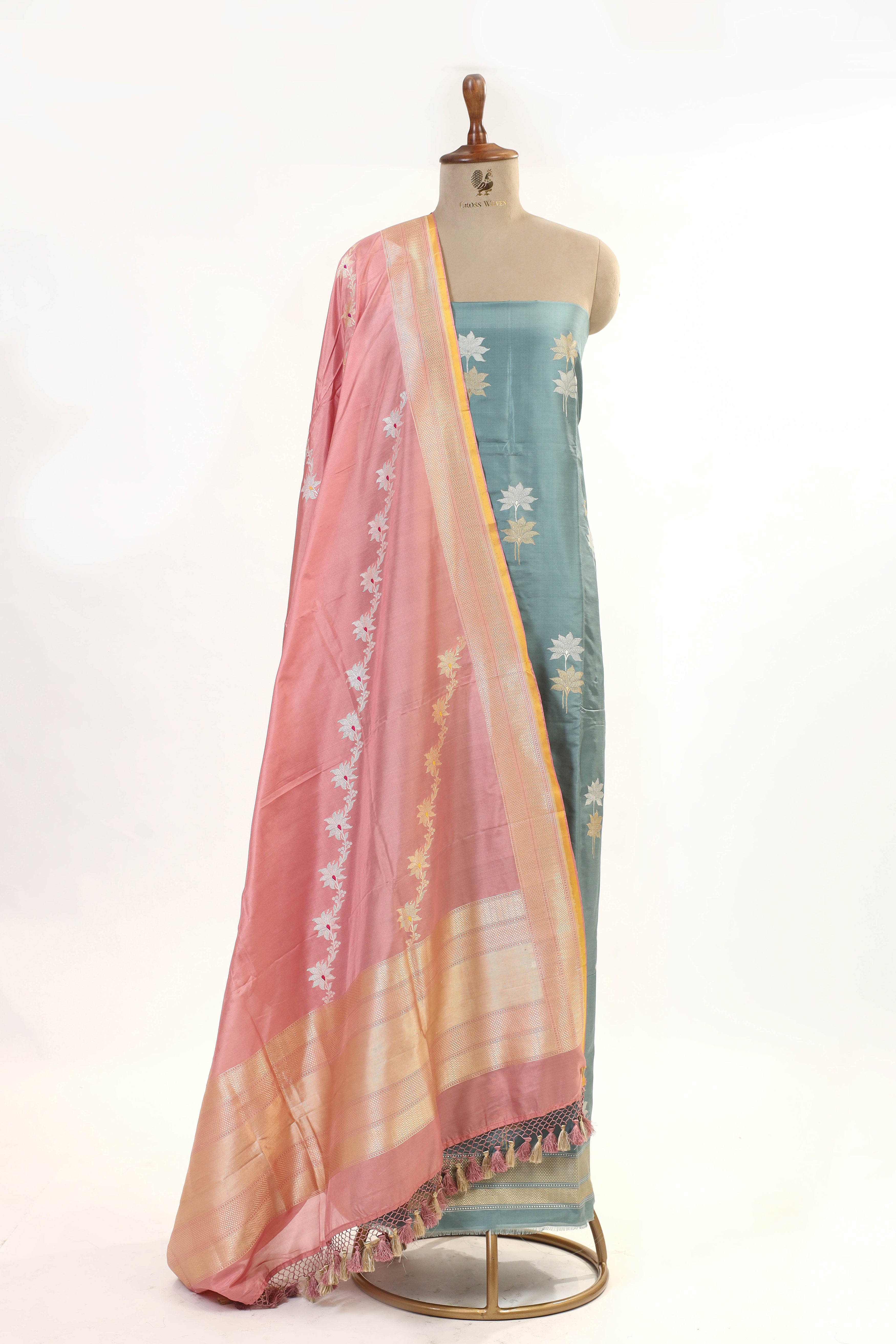 Aqua Blue Banarasi Katan Silk Suit Set With Contrast Dupatta