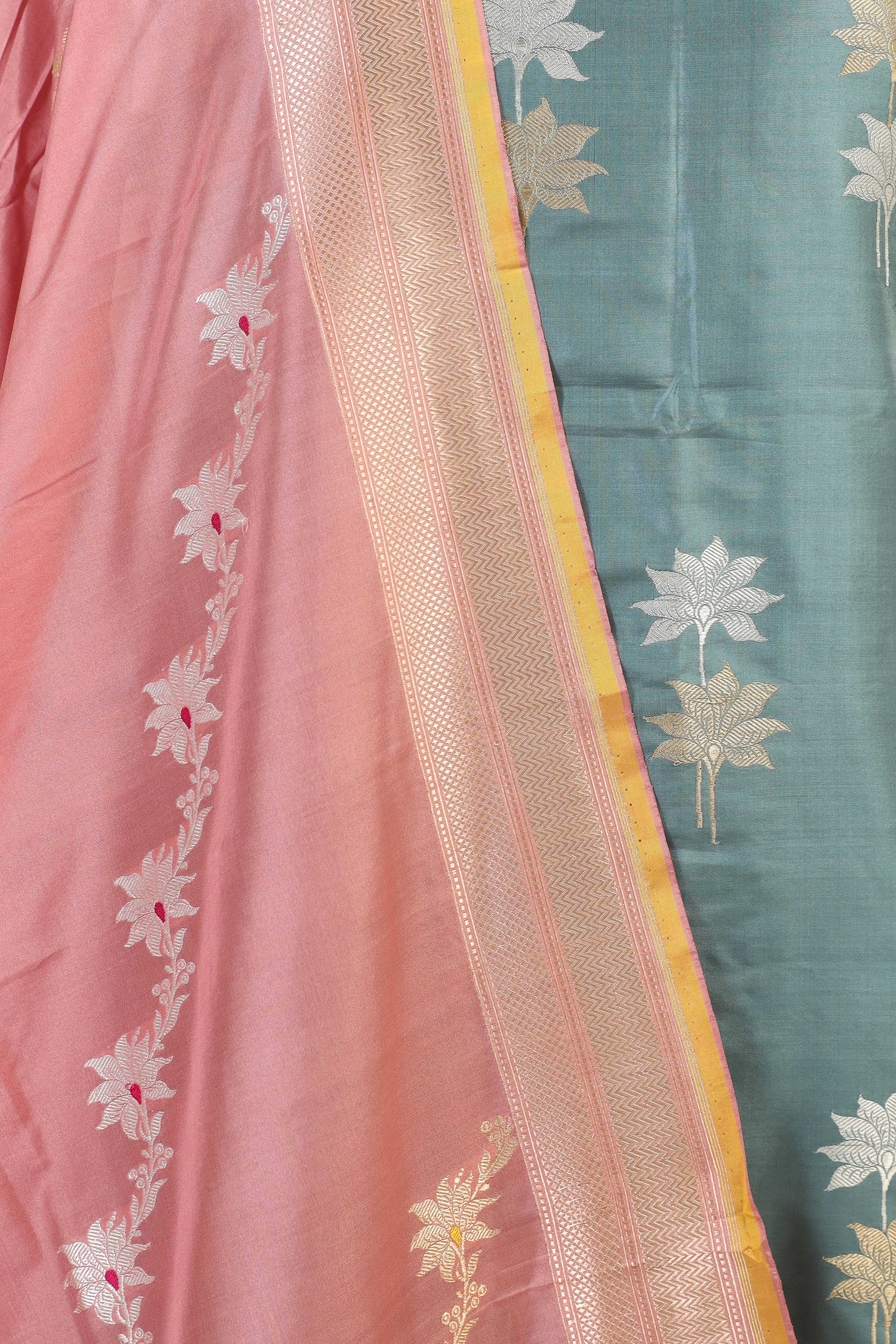 Aqua Blue Banarasi Katan Silk Suit Set With Contrast Dupatta