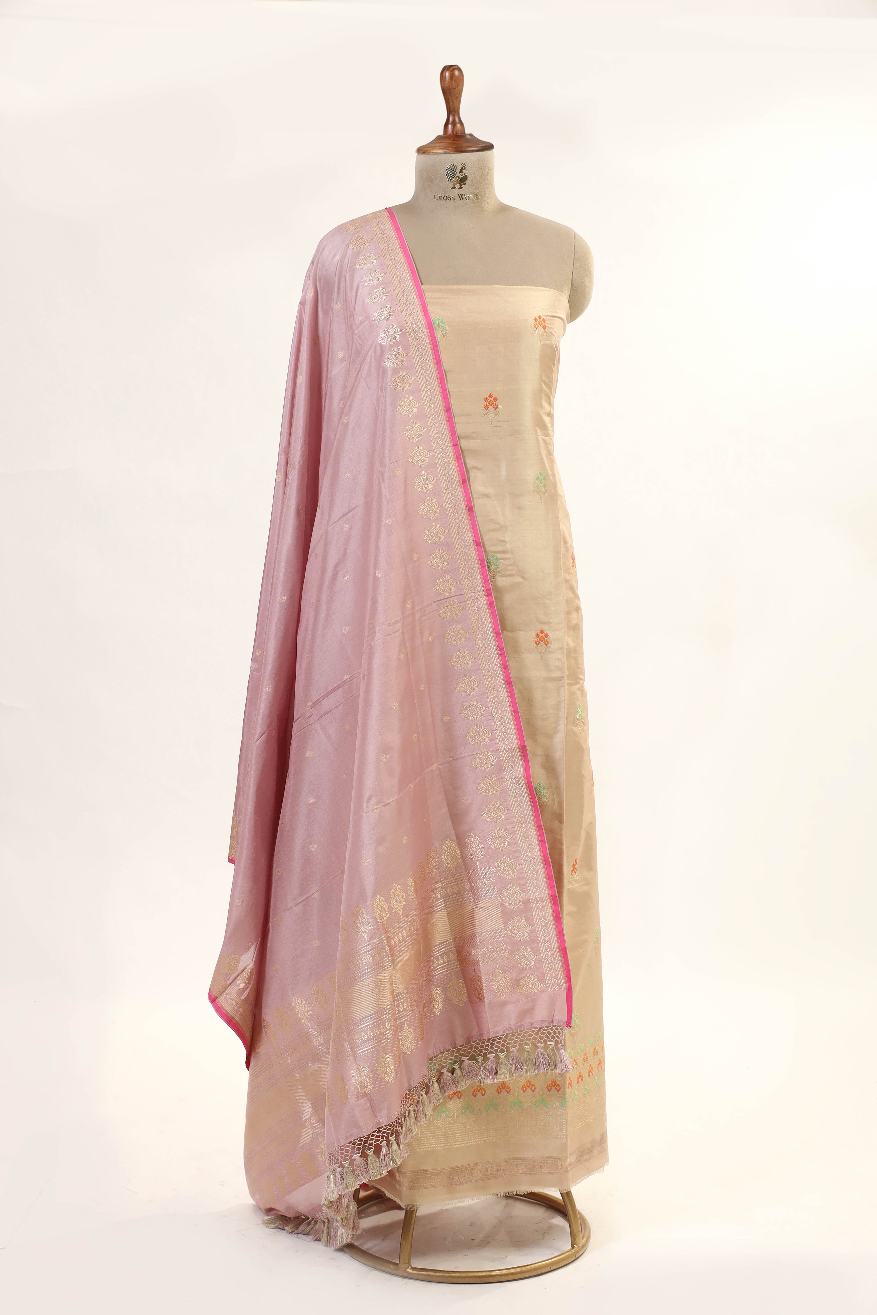 Beige Katan Silk Suit Set With Contrast Dupatta