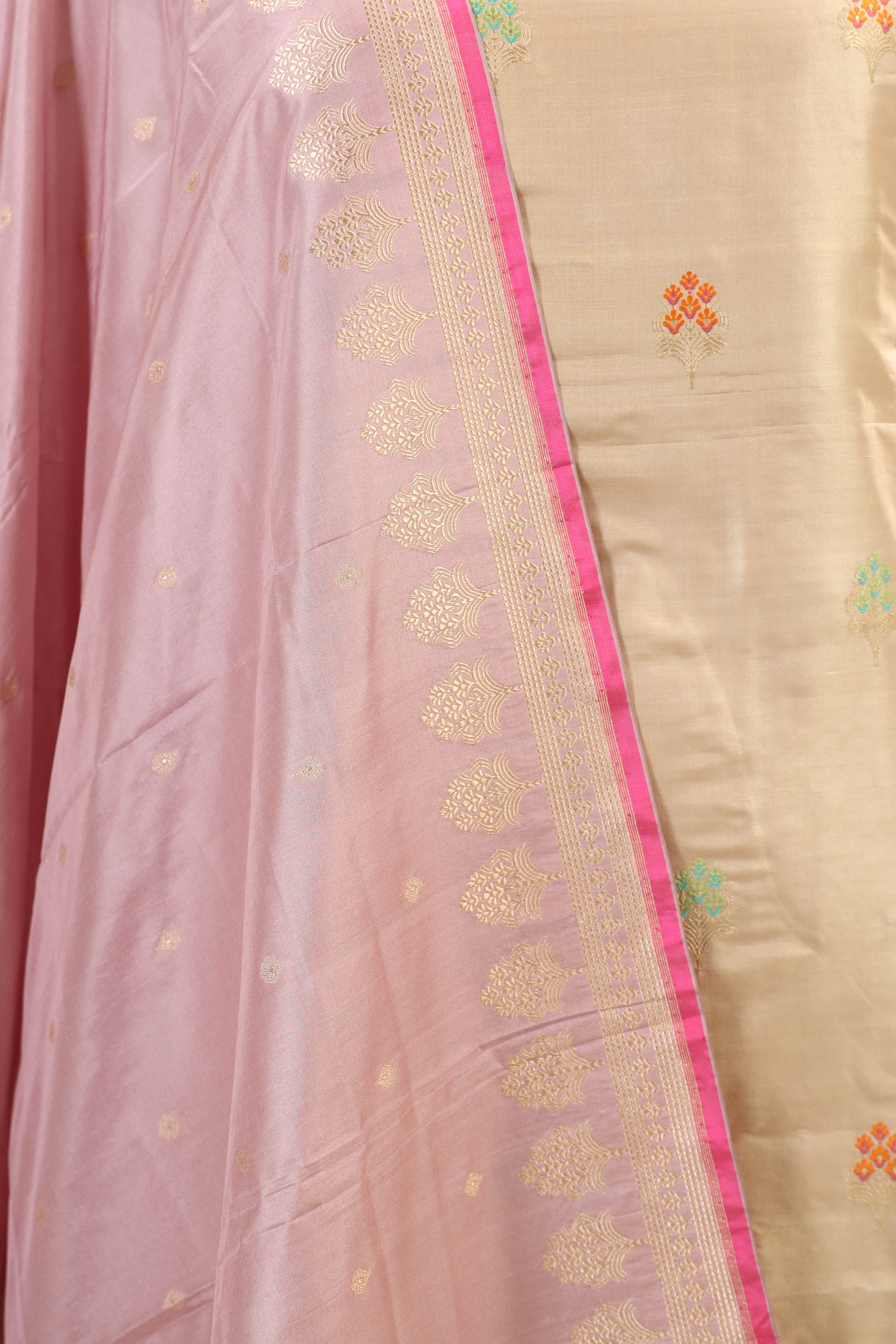 Beige Katan Silk Suit Set With Contrast Dupatta