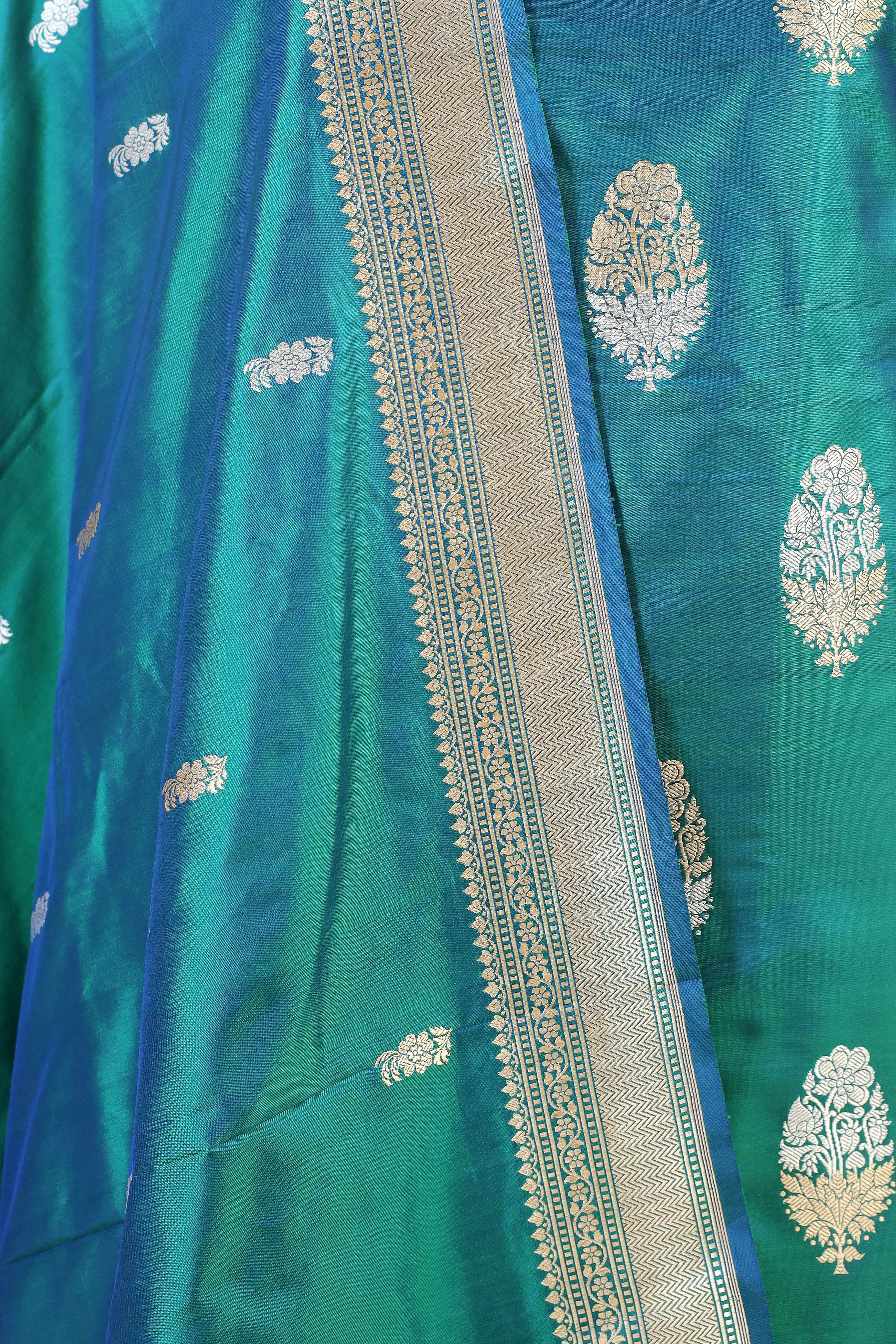 Dual Tone Peacock Green Katan Silk Suit Set With Handwoven Dupatta